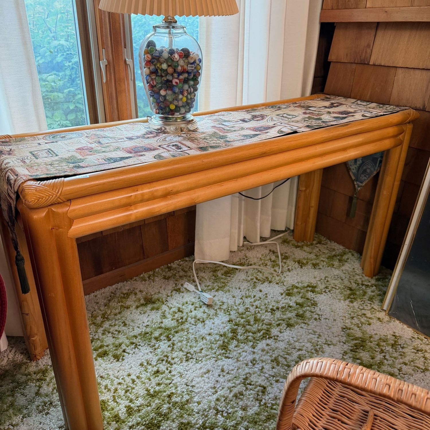 Vintage glass-top hall/sofa table, sturdy natural bamboo-cane frame, inset glass top, nice condition, 24 Vintage glass-top hall/sofa table, sturdy natural bamboo-cane frame, inset glass top, nice condition, 24"H x 15"D x 39"L, S1148