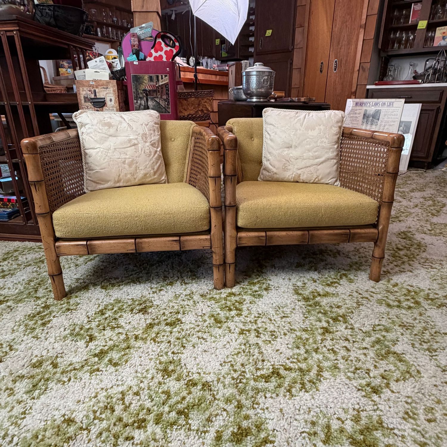 Mid-Century Modern faux bamboo and cane barrel chairs by Sam Moore Furniture, overall nice condition, minor pull to one edge (see photo) low seat, 25 Mid-Century Modern faux bamboo and cane barrel chairs by Sam Moore Furniture, overall nice condition, minor pull to one edge (see photo) low seat, 25"H x 26"D x 25"W, S1167