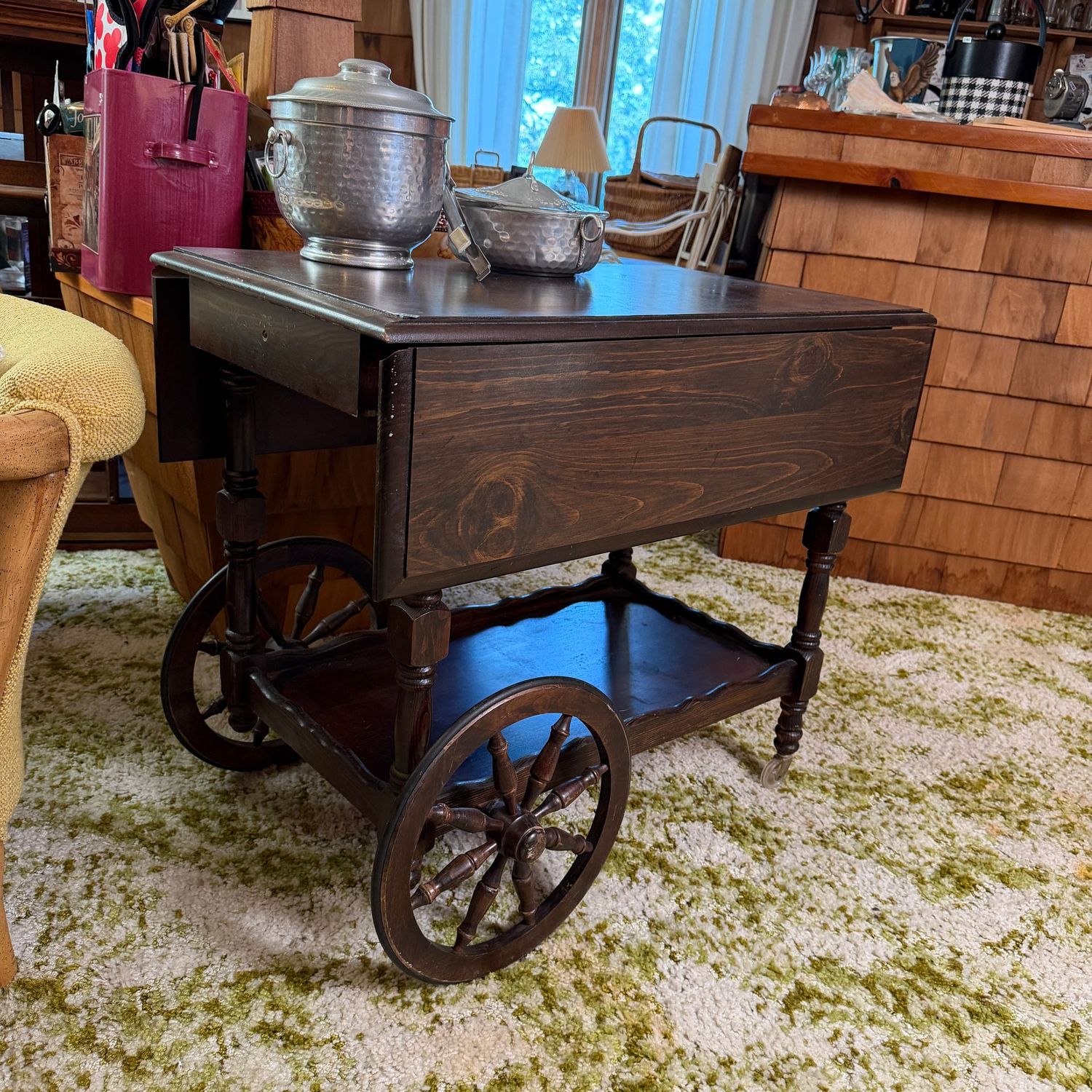 Vintage tea cart with drawer, some wear, missing handles, 29 Vintage tea cart with drawer, some wear, missing handles, 29"H x 34"L x 28"W, S1169