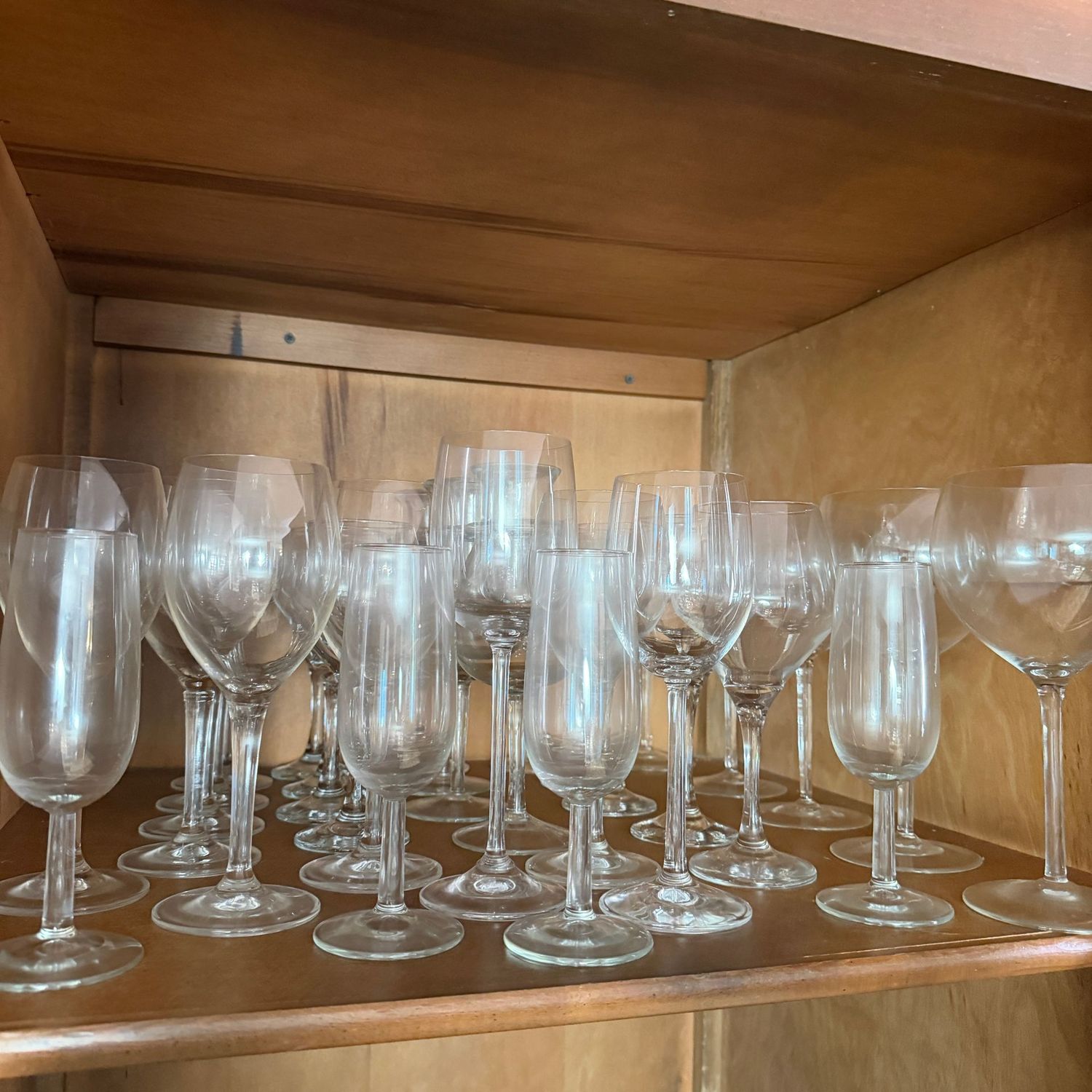 Entire shelf of stemware, variety of sizes, S1216 Entire shelf of stemware, variety of sizes, S1216