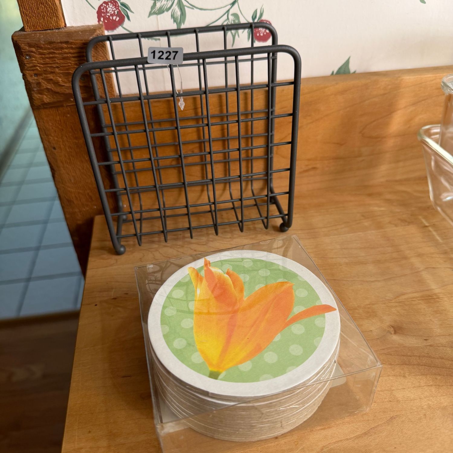 Wire napkin holder and new package of tulip coasters, S1227 Wire napkin holder and new package of tulip coasters, S1227