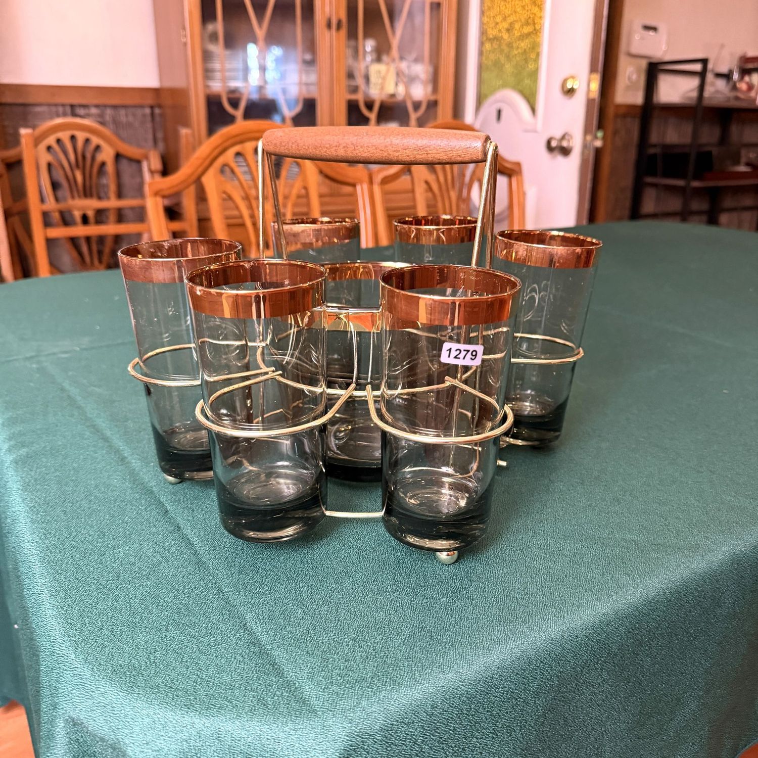 MCM Dorothy Thorpe-style highball tumbler glasses in light amber/smoke color, wide gold rim, matching ice bucket and carrier, S1279 MCM Dorothy Thorpe-style highball tumbler glasses in light amber/smoke color, wide gold rim, matching ice bucket and carrier, S1279