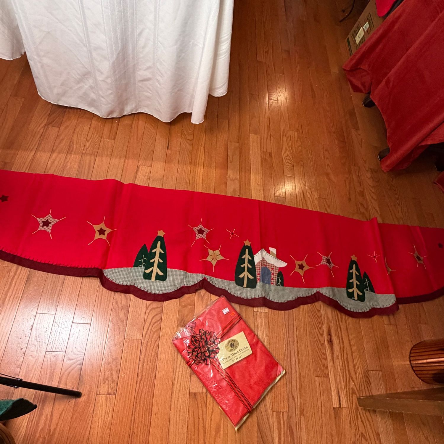 Lilian Vernon mantle scarf (over 7ft. long), and red 52 Lilian Vernon mantle scarf (over 7ft. long), and red 52" x 70" vinyl tablecloth, S1293