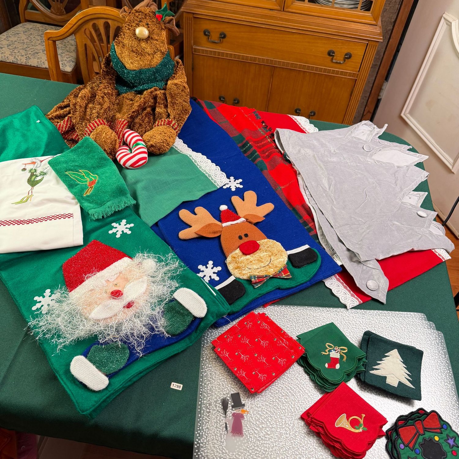 Group of Christmas table runners, placemats, cloth drink coasters, reindeer small chair cover, S1298 Group of Christmas table runners, placemats, cloth drink coasters, reindeer small chair cover, S1298
