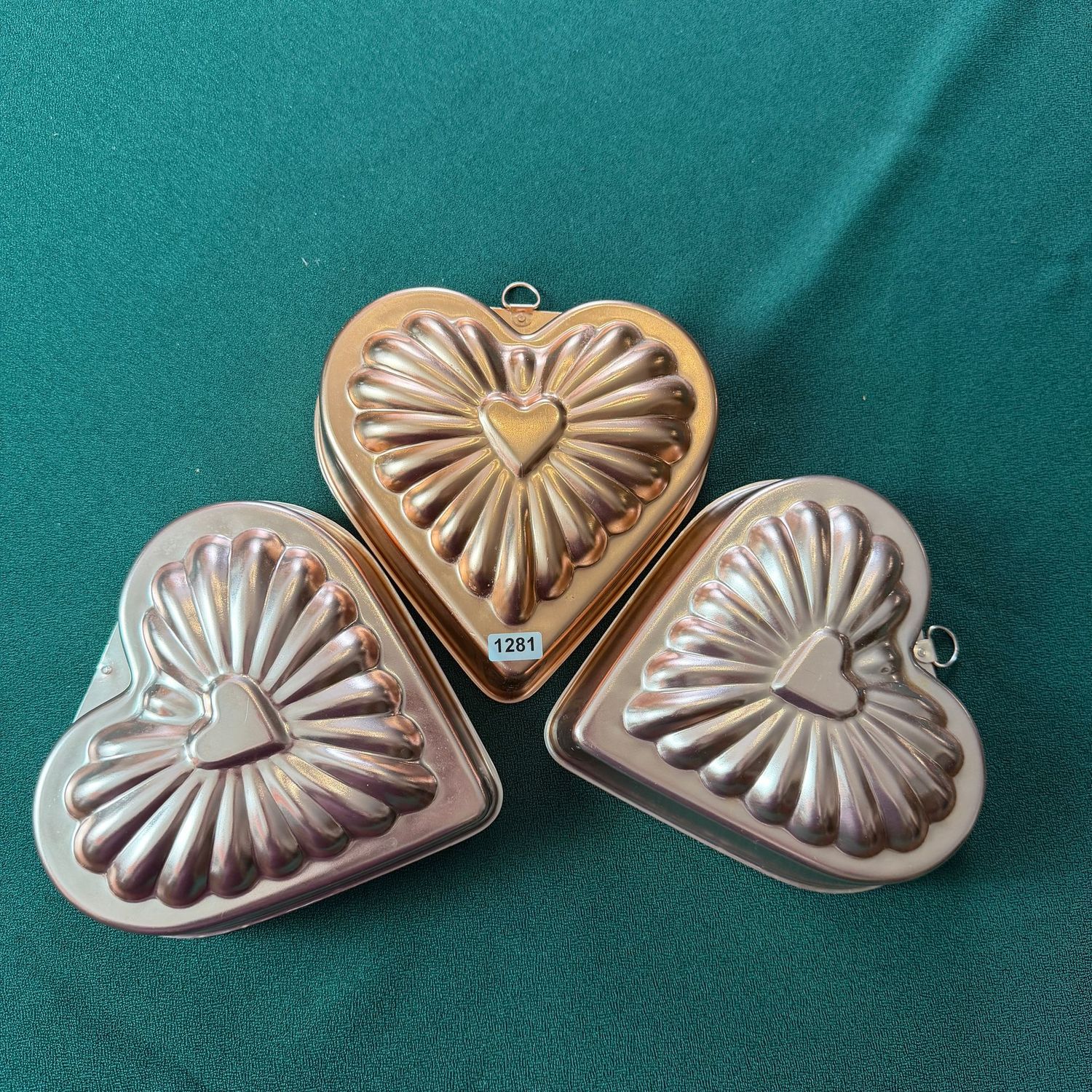 Three heart jello molds, one is missing the hanging loop, 6 Three heart jello molds, one is missing the hanging loop, 6", S1281