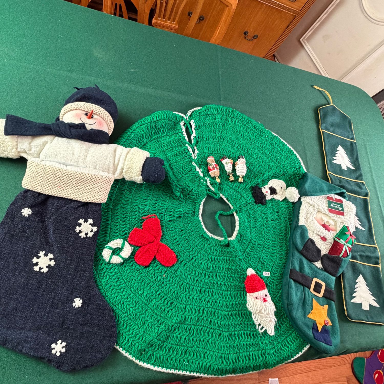 Christmas snowman and Santa stocking, card pocket hanger, lamp finials, and 28 Christmas snowman and Santa stocking, card pocket hanger, lamp finials, and 28" crocheted tree skirt, S1288