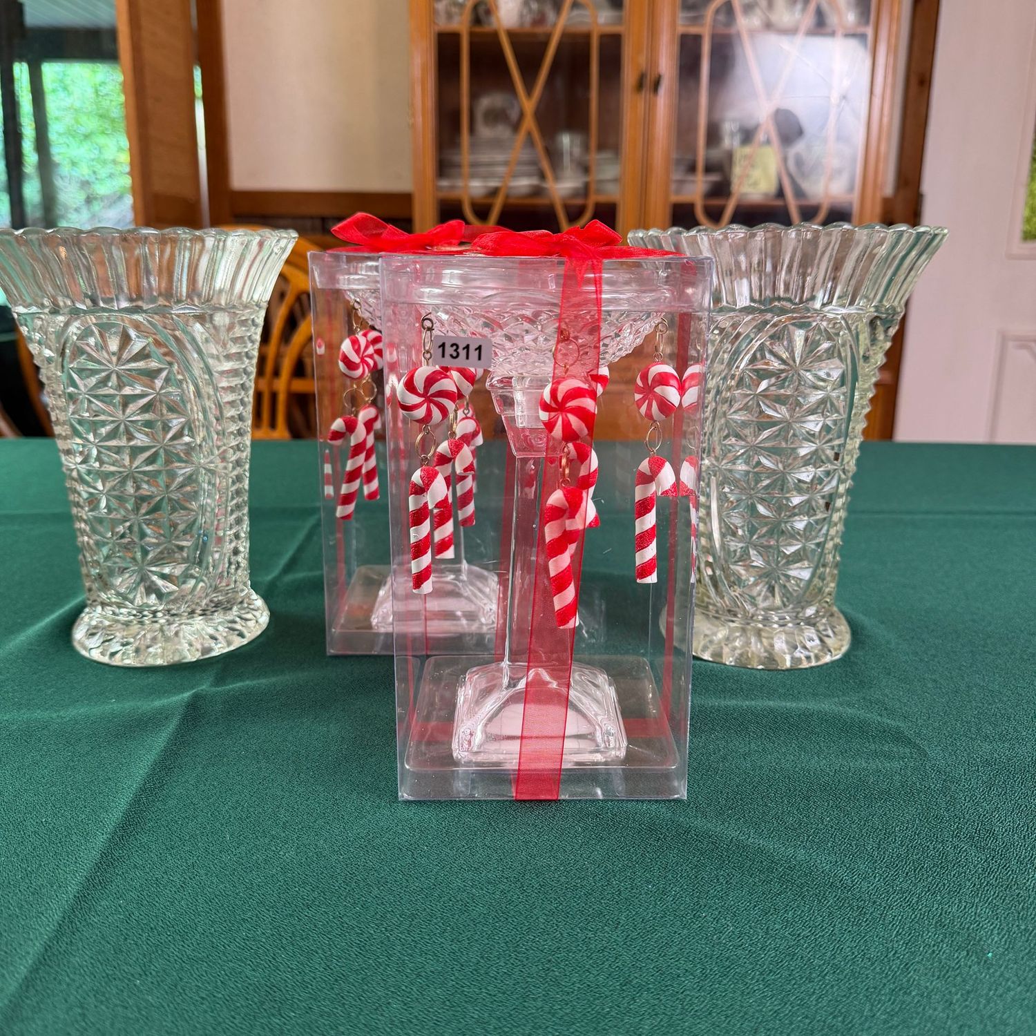 Pair of Anchor Hocking Stars and Bars 8 Pair of Anchor Hocking Stars and Bars 8" vases, and two glass candlestick holders with candy canes, S1311