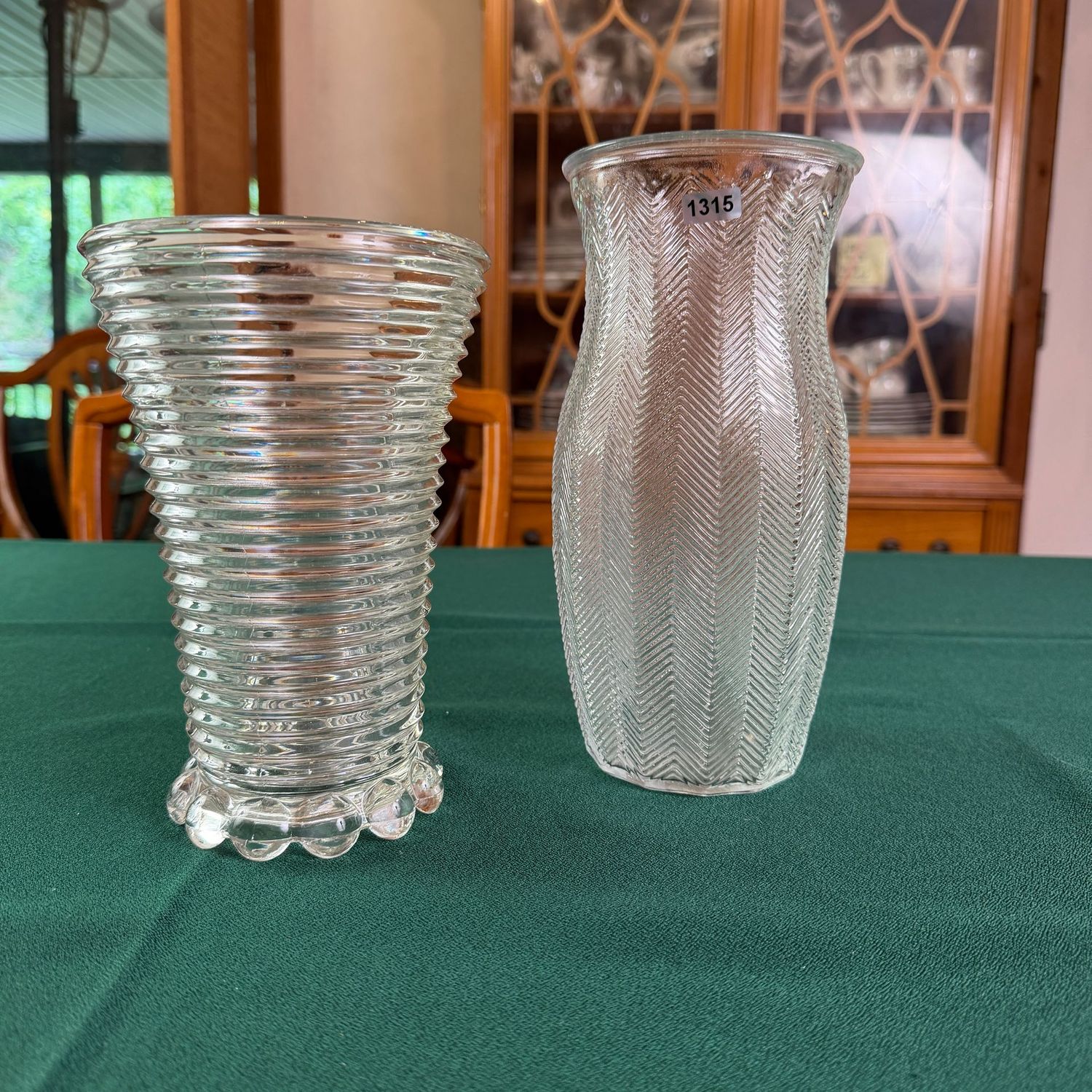 Two clear glass vases, herringbone and ribbed, 8 Two clear glass vases, herringbone and ribbed, 8", S1315