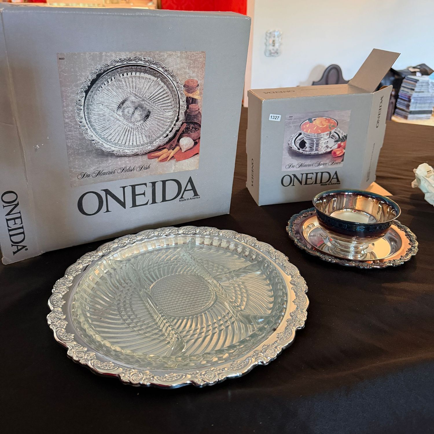 Oneida silver-plated 12.5 Oneida silver-plated 12.5" divided dish and dip bowl with boxes, S1327