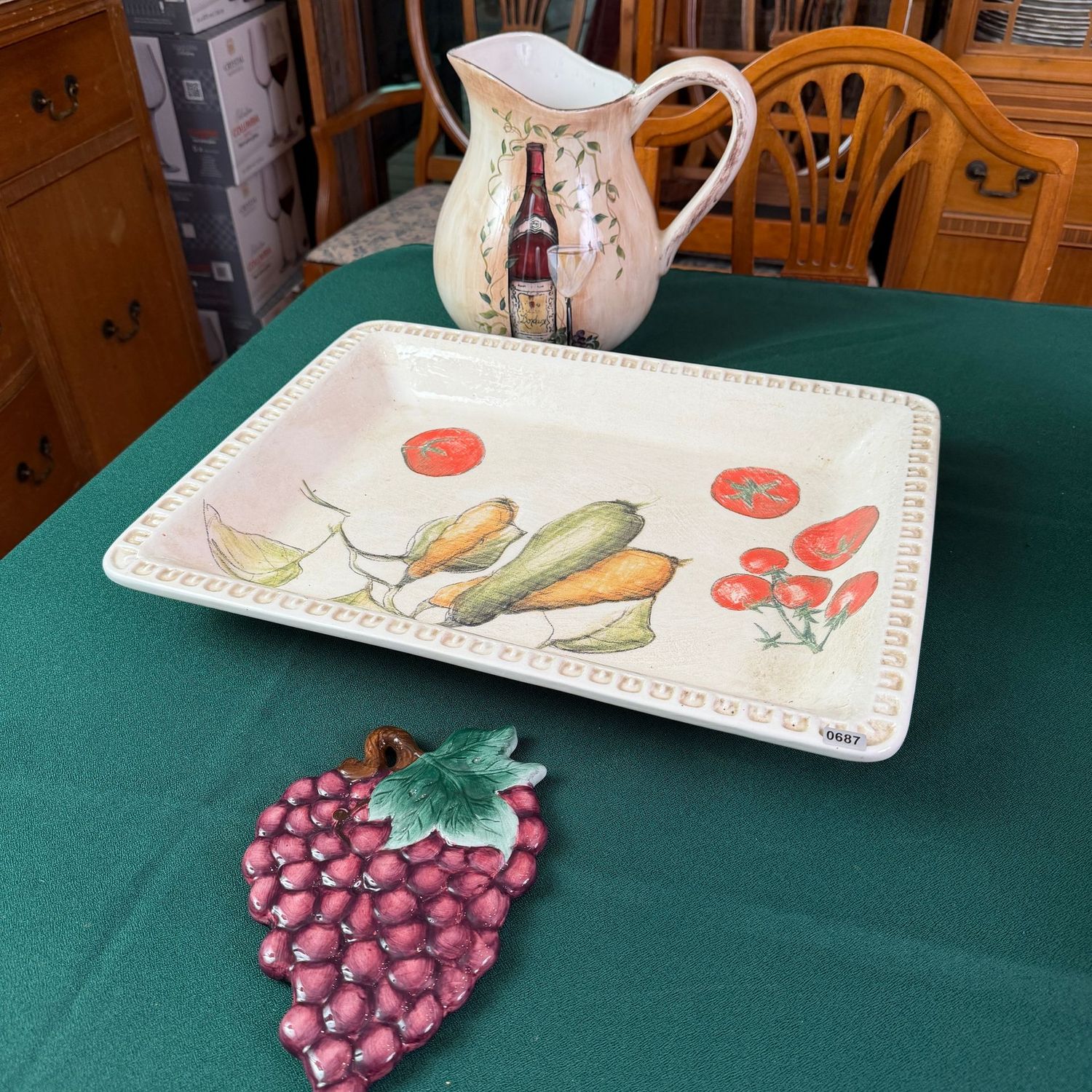 Large Williams-Sonoma ceramic harvest tray (18 Large Williams-Sonoma ceramic harvest tray (18" x 13"), grapes trivet and pitcher, S0687