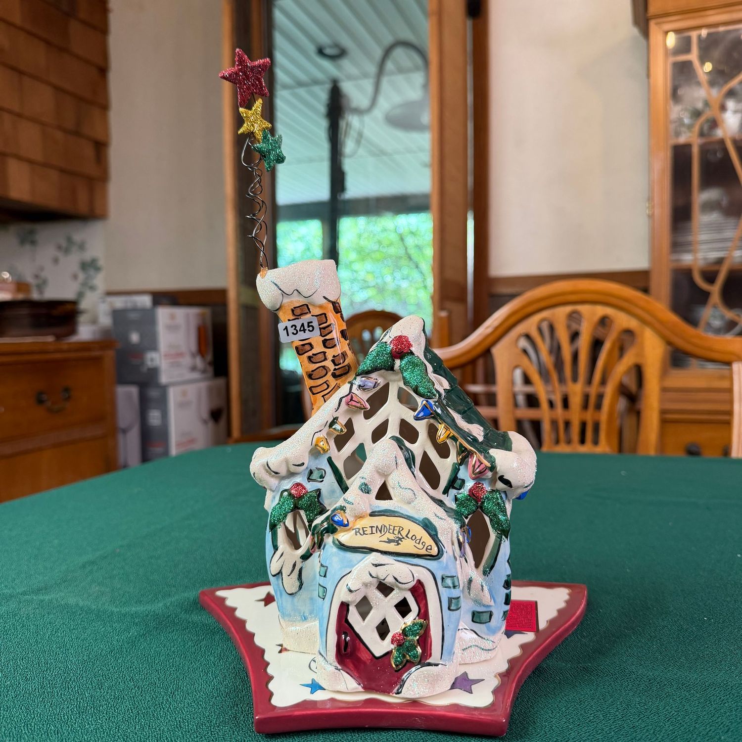 Blue Sky S1345 Reindeer Lodge with glittered stars on the chimney, 10 Blue Sky S1345 Reindeer Lodge with glittered stars on the chimney, 10"