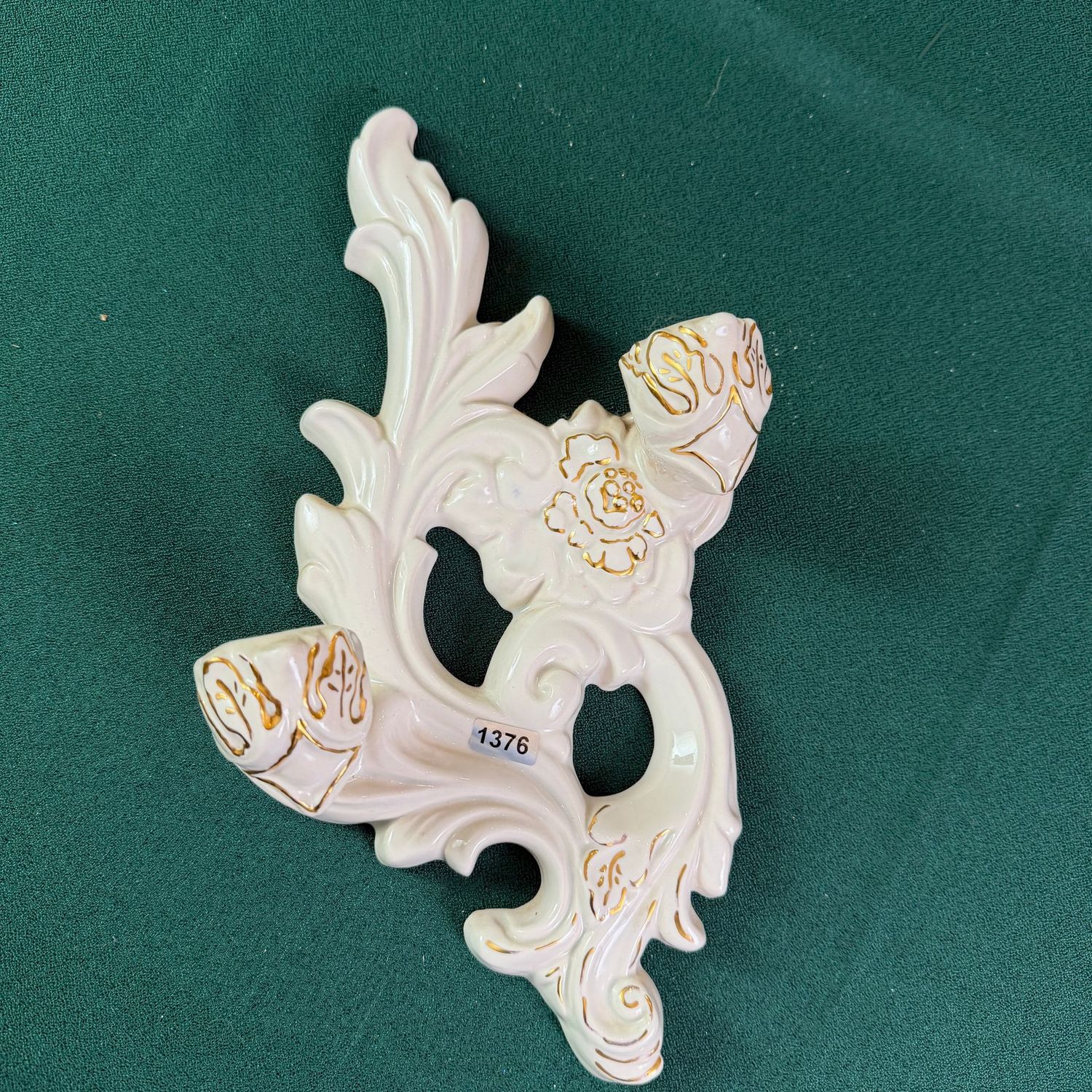 White ceramic candle sconce, vintage crafted, gold embellishments, 12 White ceramic candle sconce, vintage crafted, gold embellishments, 12"H, S1376