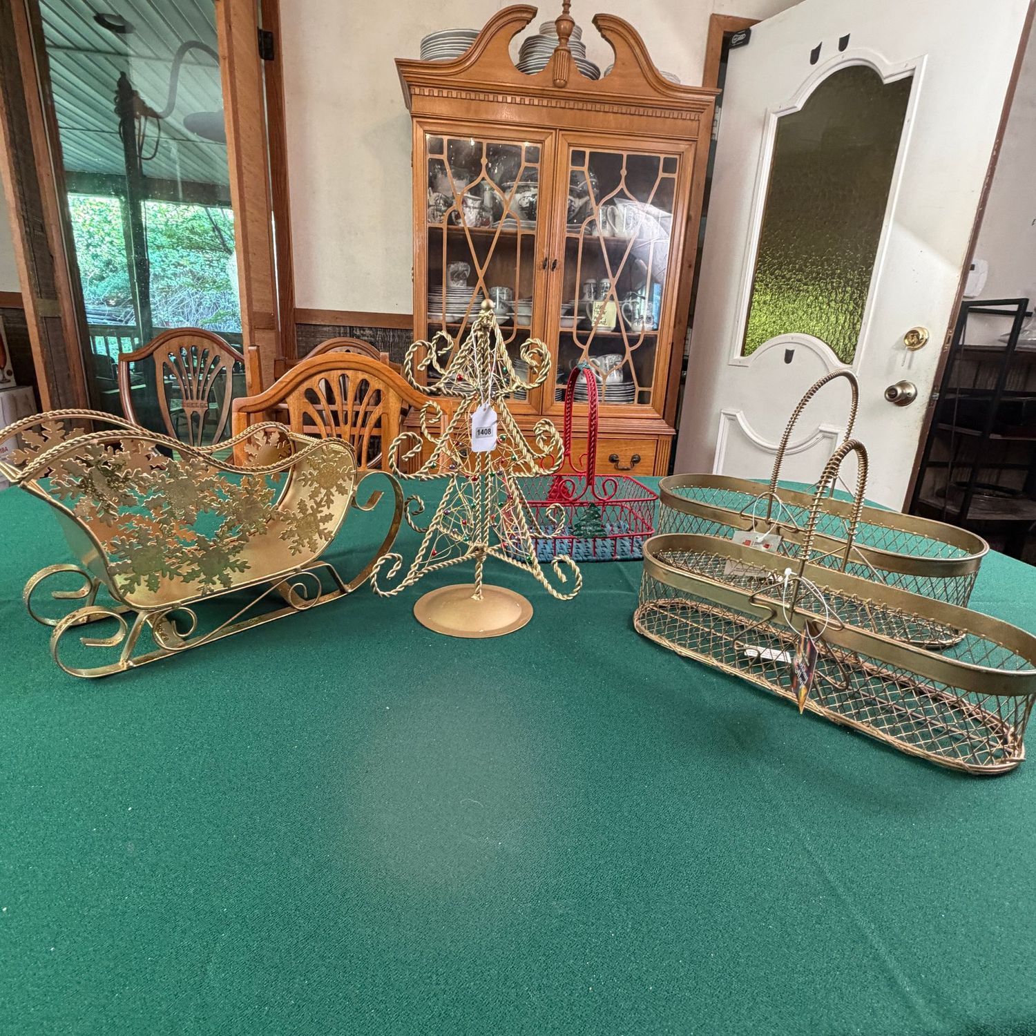 Group of metal and wire baskets up to 14 Group of metal and wire baskets up to 14", tree, sleigh, S1408