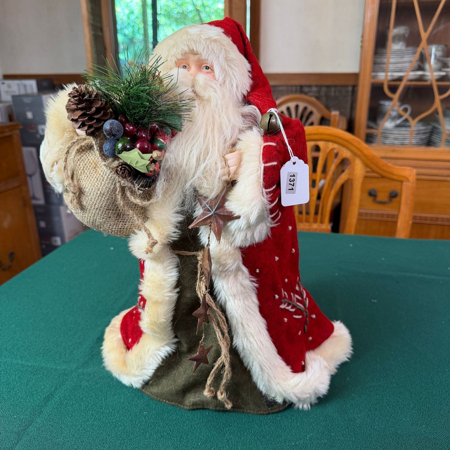 Rustic Santa holding berries and stars, cone form stand, 14 Rustic Santa holding berries and stars, cone form stand, 14"H, S1371