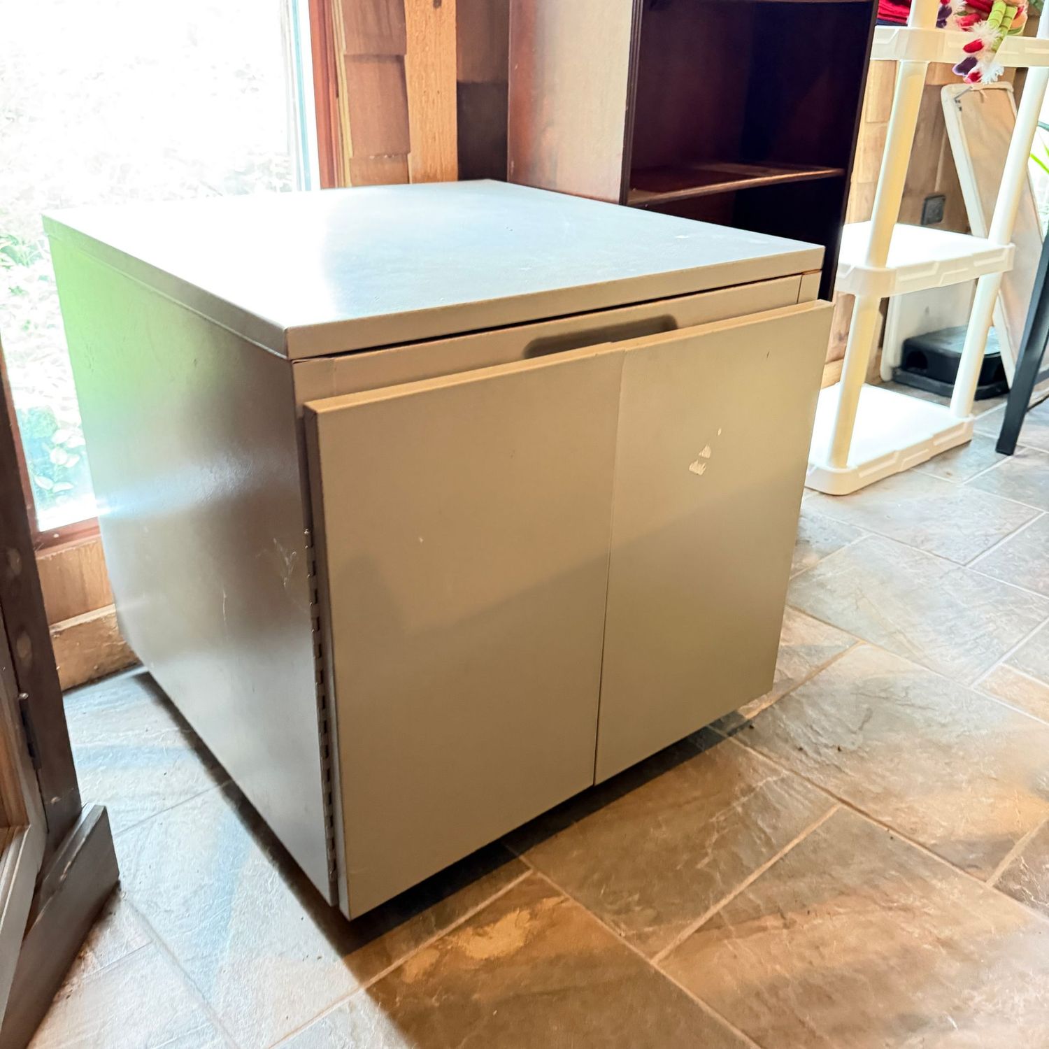 Large metal storage on casters, great for the office or craft room, 23 Large metal storage on casters, great for the office or craft room, 23"H x 24"W x 24"D, minor wear
