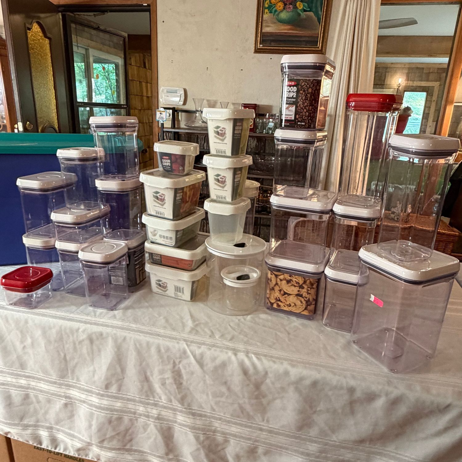 Big blue bin filled with mostly OXO storage containers, new or very good condition, S1428 Big blue bin filled with mostly OXO storage containers, new or very good condition, S1428