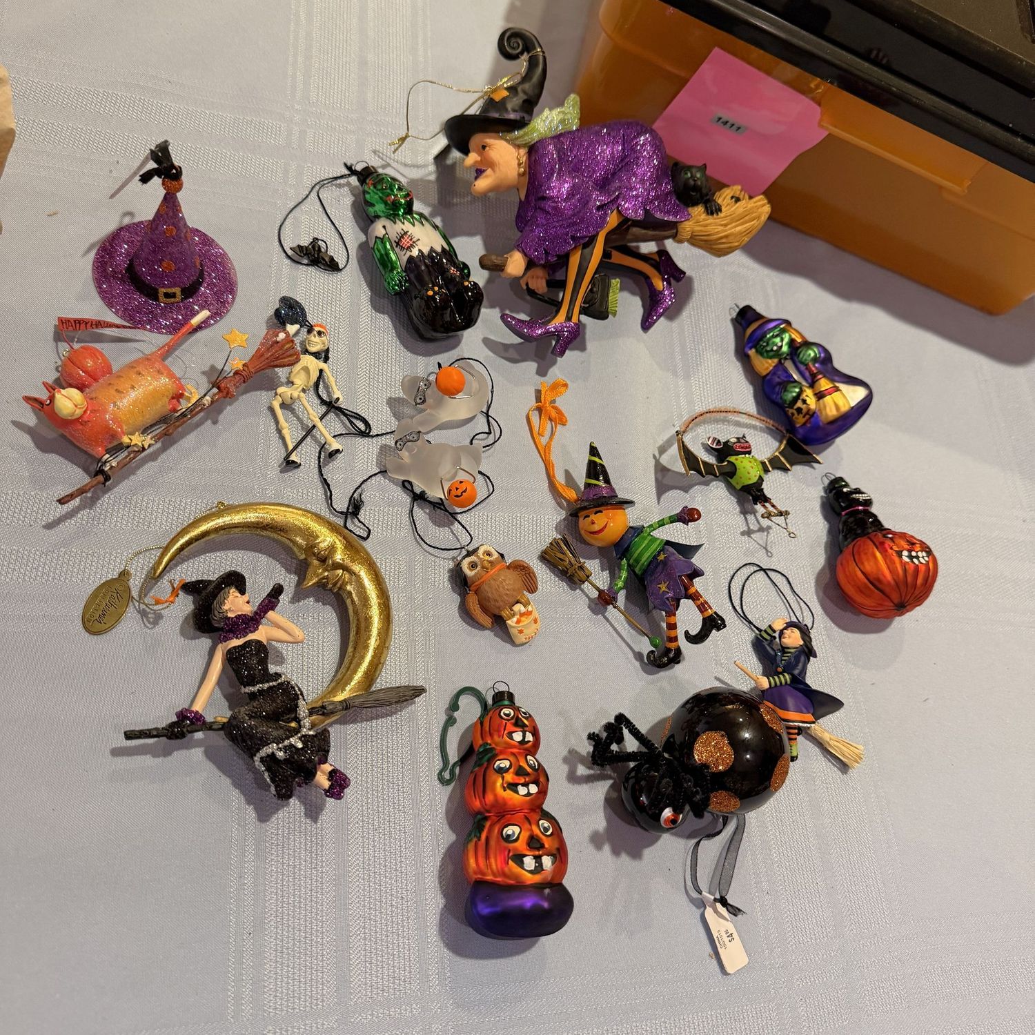 Small orange and black bin filled with darling Halloween ornaments, S1411 Small orange and black bin filled with darling Halloween ornaments, S1411