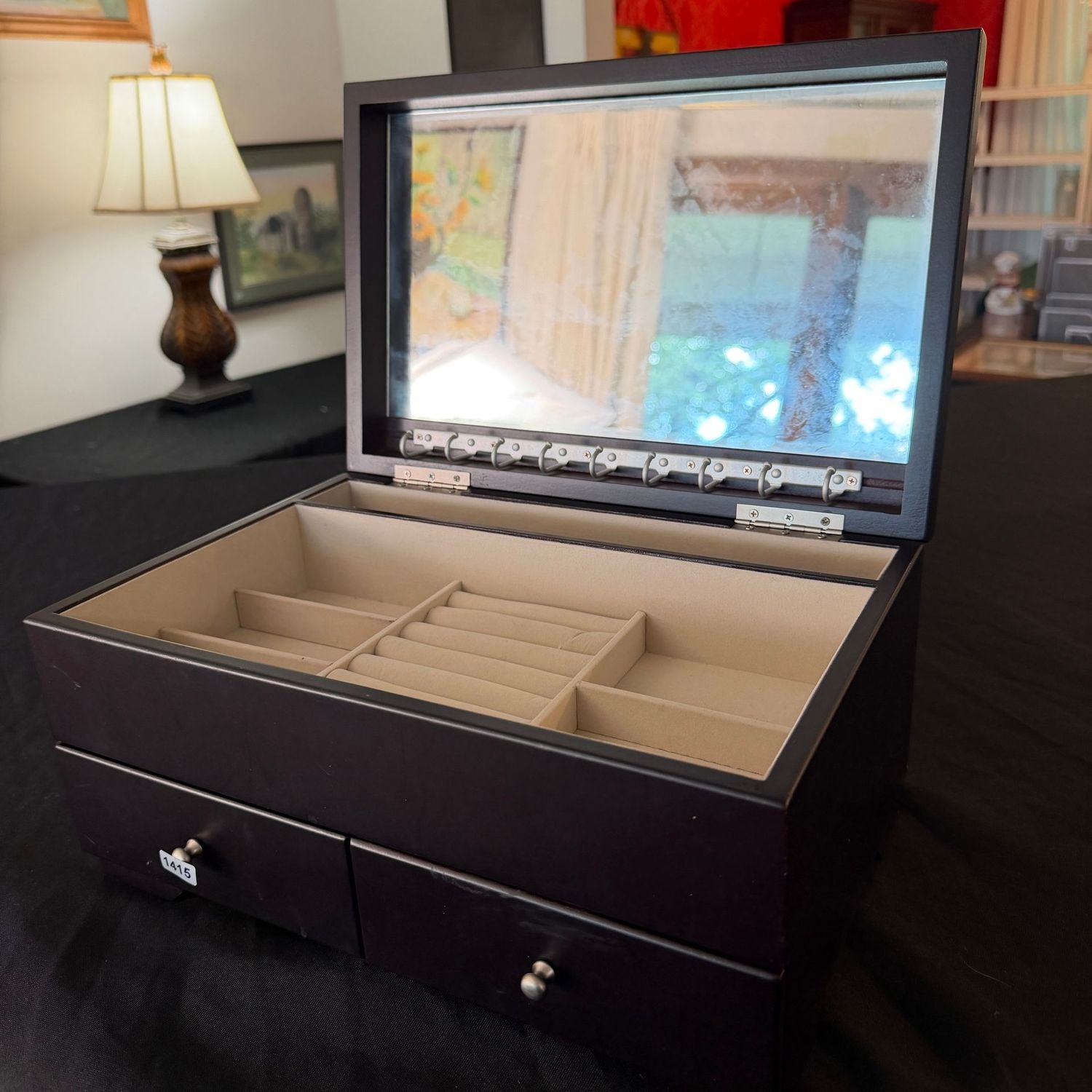 Jewelry box with cherry finish, a few marks, 6 Jewelry box with cherry finish, a few marks, 6"H x 12"W, S1415