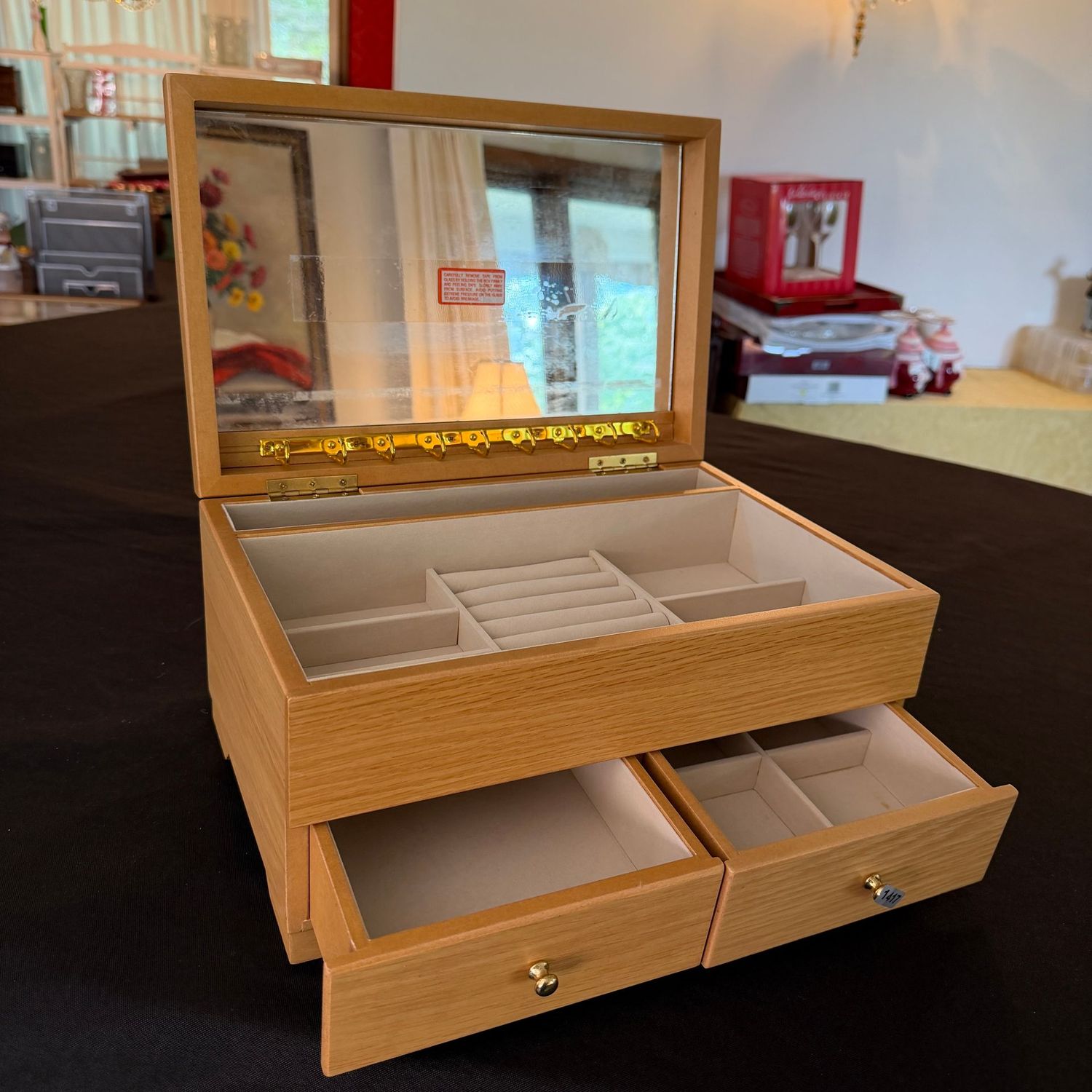 Light-color wooden jewelry box, ample storage, 6 Light-color wooden jewelry box, ample storage, 6"H x 13"W, S1417