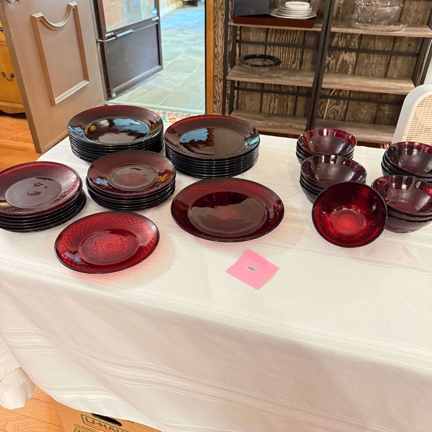 Large packed tote filled with D'arques ruby glass bowls, luncheon, and dinner plates, excellent condition, (heavy) S1422 Large packed tote filled with D'arques ruby glass bowls, luncheon, and dinner plates, excellent condition, (heavy) S1422