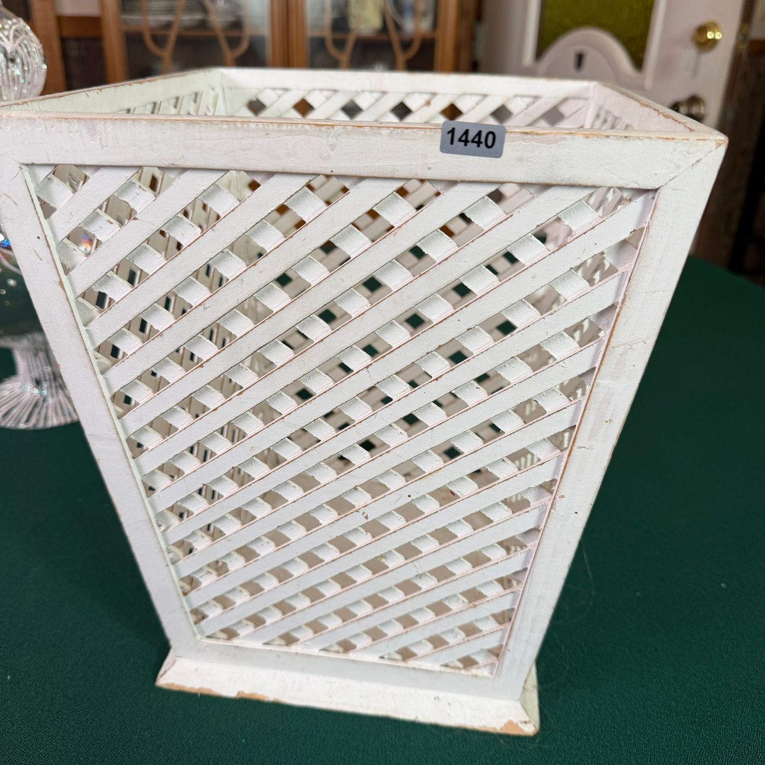 White wooden lattice waste paper bin, some wear to paint, 11'H, S1440 White wooden lattice waste paper bin, some wear to paint, 11'H, S1440