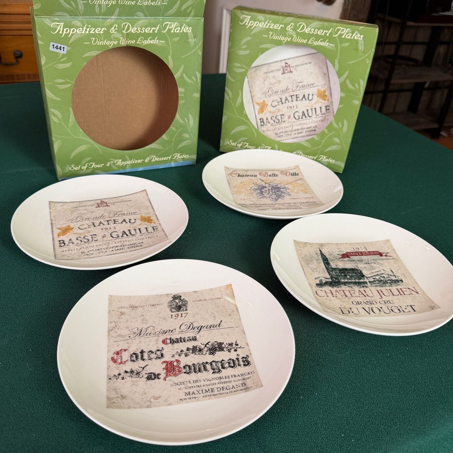 Two boxes of Vintage Wine Labels appetizer/dessert plates, 8 plates total, 8 Two boxes of Vintage Wine Labels appetizer/dessert plates, 8 plates total, 8", S1441