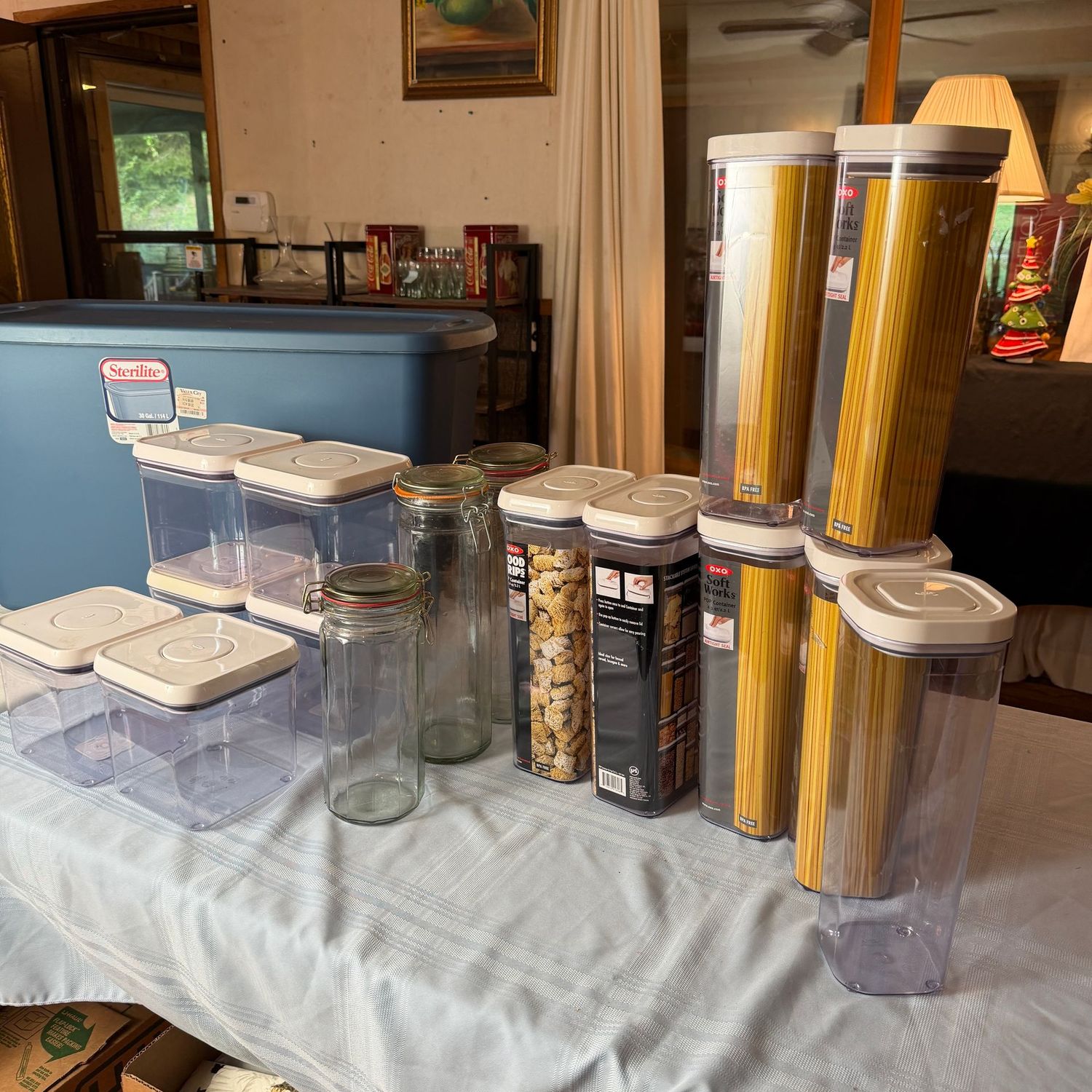Large grey tote with storage containers, mostly OXO and a few glass (need new seals for the glass ones), S1448 Large grey tote with storage containers, mostly OXO and a few glass (need new seals for the glass ones), S1448