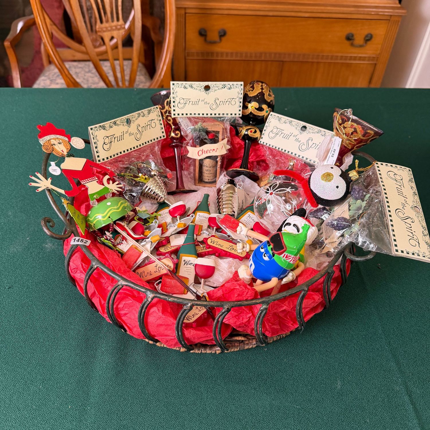 Large wire basket filled with bar-themed ornaments, plastic, metal, glass, S1452 Large wire basket filled with bar-themed ornaments, plastic, metal, glass, S1452