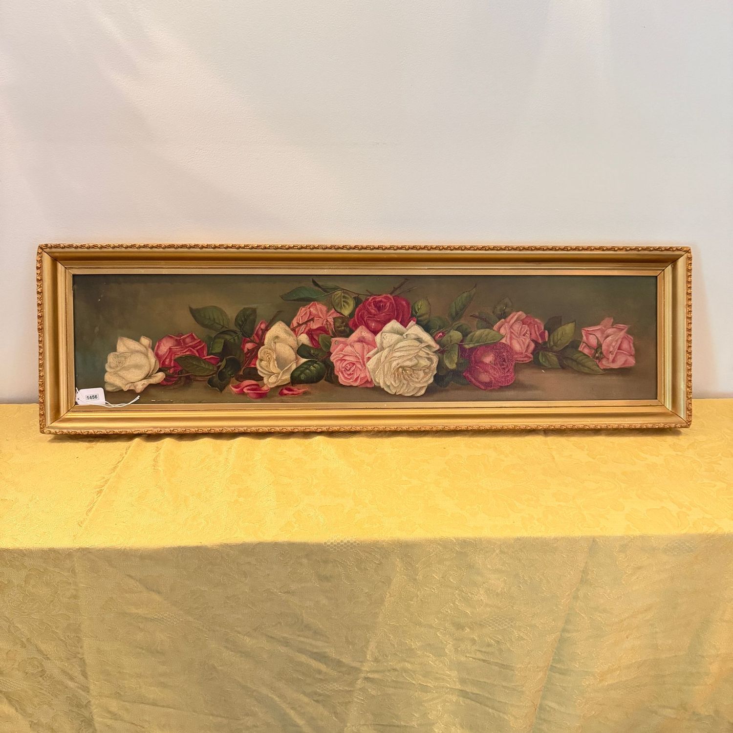 Beautiful, long painting of roses on canvas, early 20th c., 12"H x 40"L, S1456