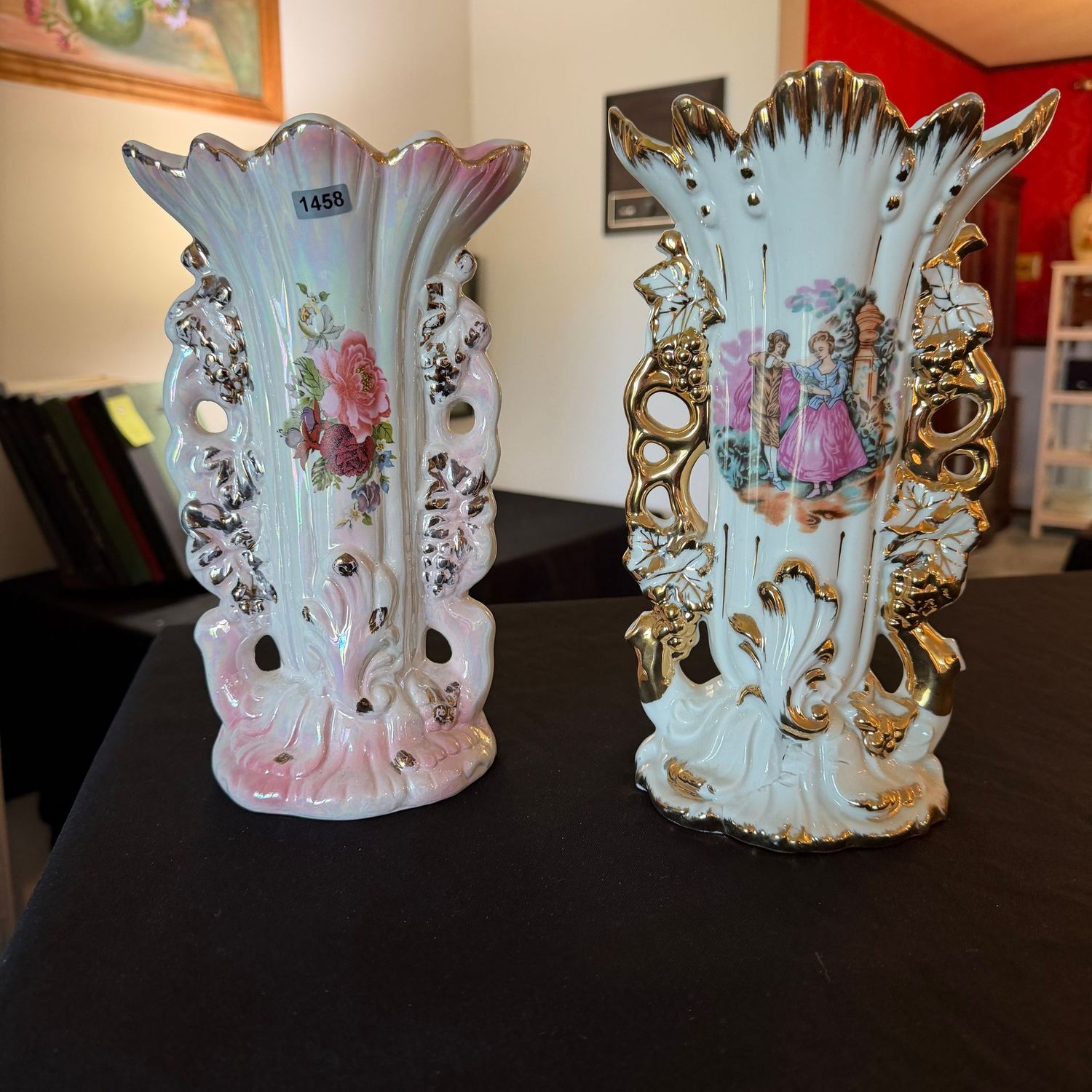 Two vintage porcelain vases, gold embellishments, the one on right has a repair to the base (see photos) 10 Two vintage porcelain vases, gold embellishments, the one on right has a repair to the base (see photos) 10"H, S1458