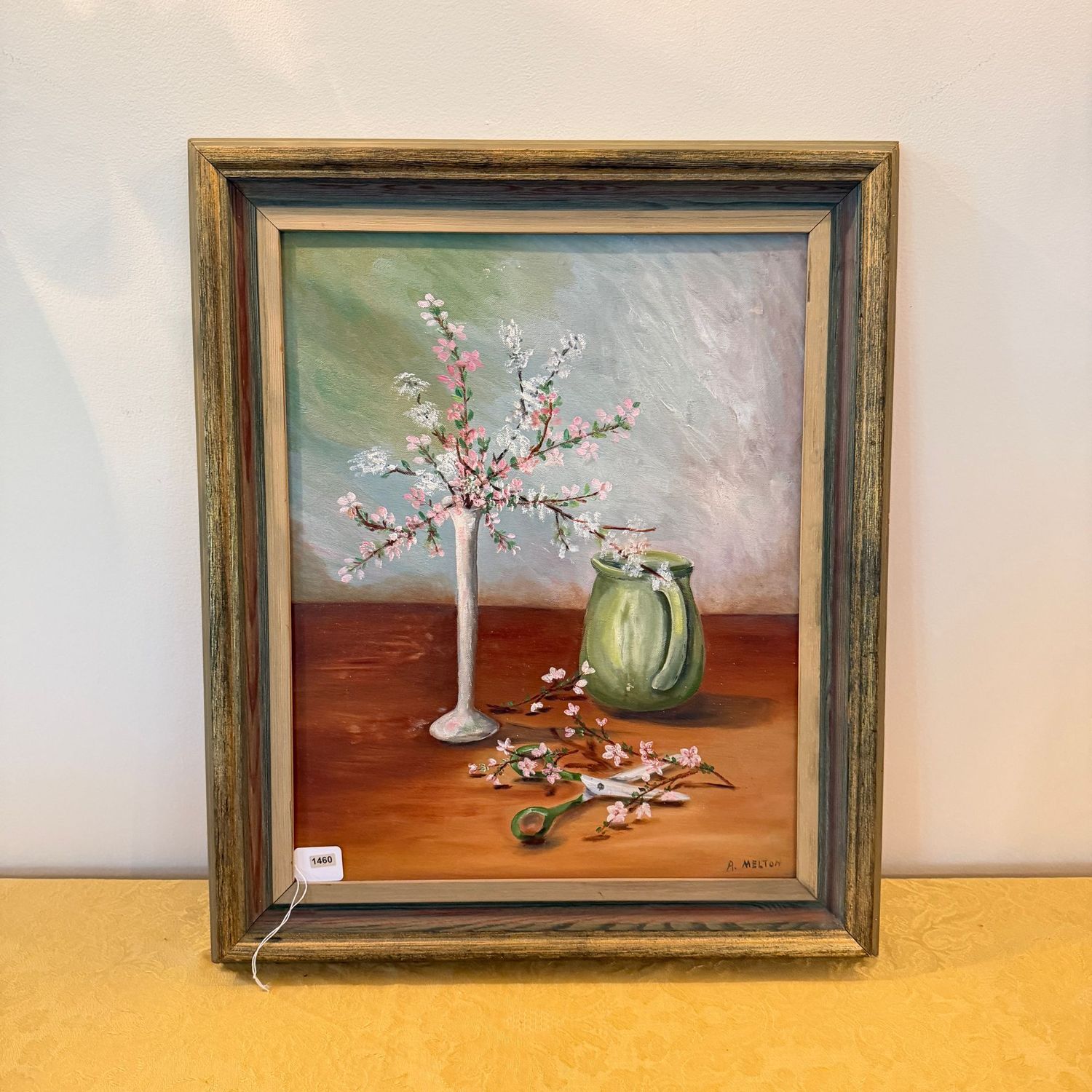 Large original painting by A. Melton. pink and white arrangement with cuttings and green pitcher, 24" x 21", S1460