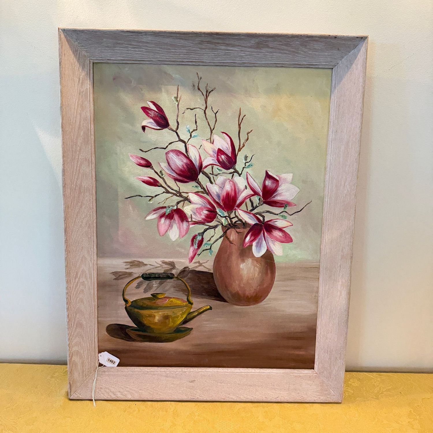 Original painting by A. Melton, pink magnolia flowers alongside a brass teapot, 27" x 21",  S1462