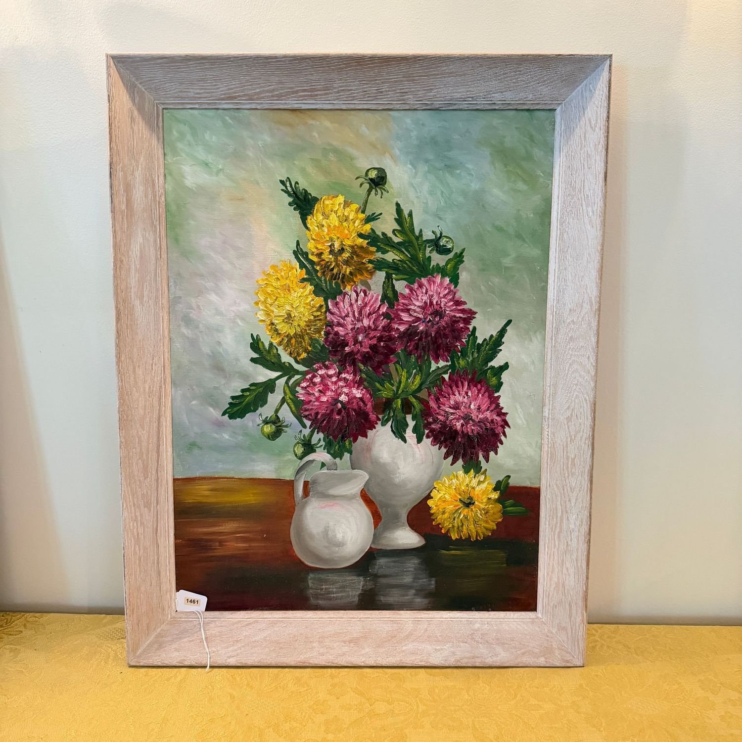Original painting by A. Melton, vibrant purple and yellow chrysanthemums, white vase, 27" x 21",  S1461