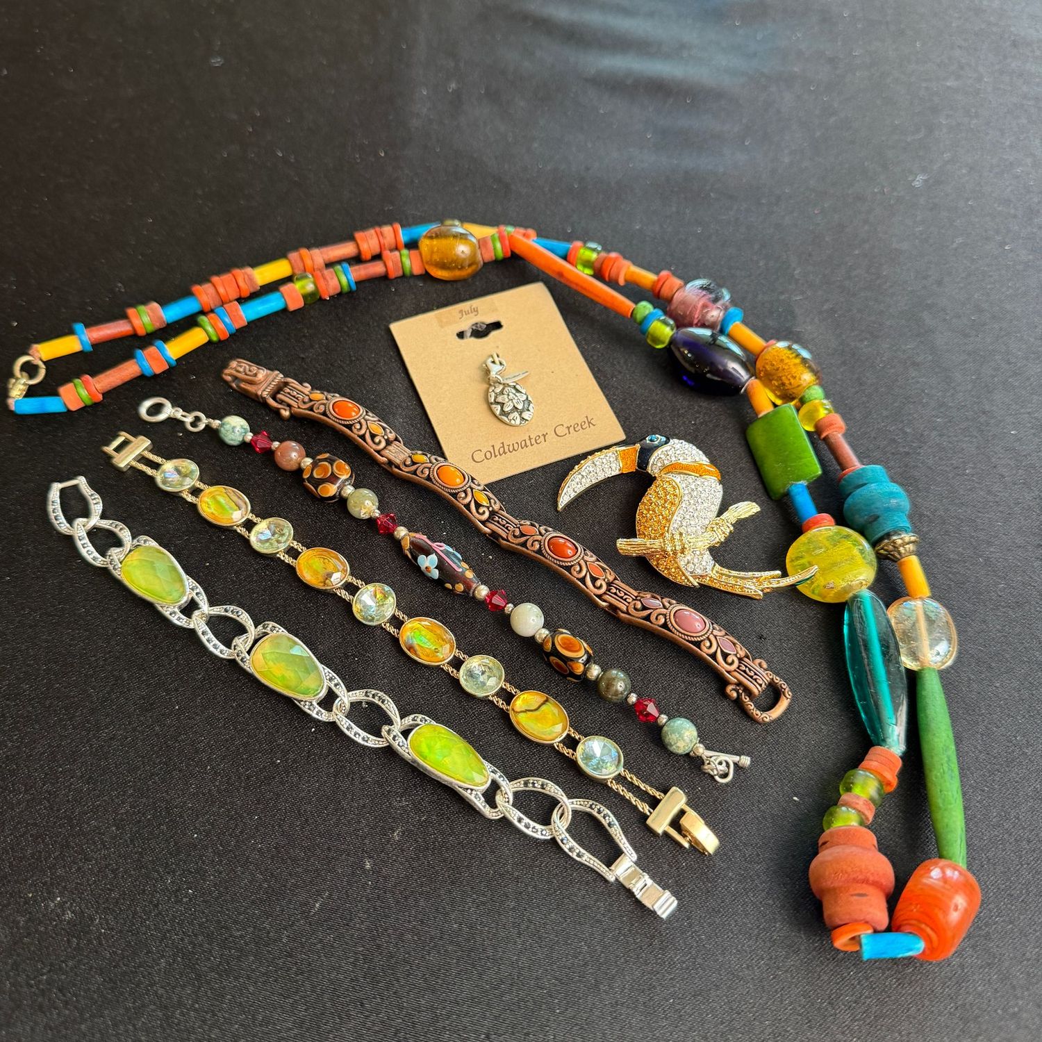 Jewelry Lot R0220 multiple bracelets, colorful beaded necklace, toucan brooch Jewelry Lot R0220 multiple bracelets, colorful beaded necklace, toucan brooch