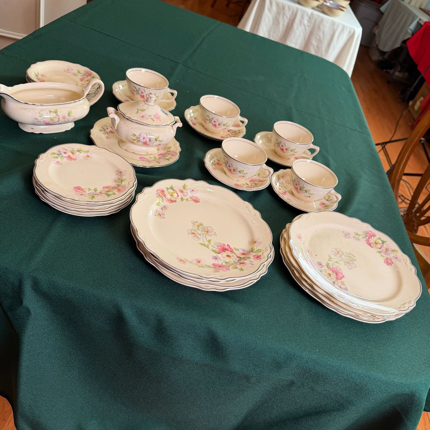 Group of pink floral vintage Homer Laughlin Virginia Rose china, some wear to cups and a few pieces, S1538