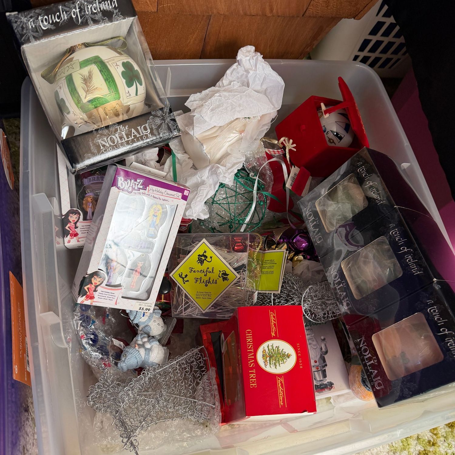 Clear tote filled with Christmas ornaments and small decorations, S1515 Clear tote filled with Christmas ornaments and small decorations, S1515