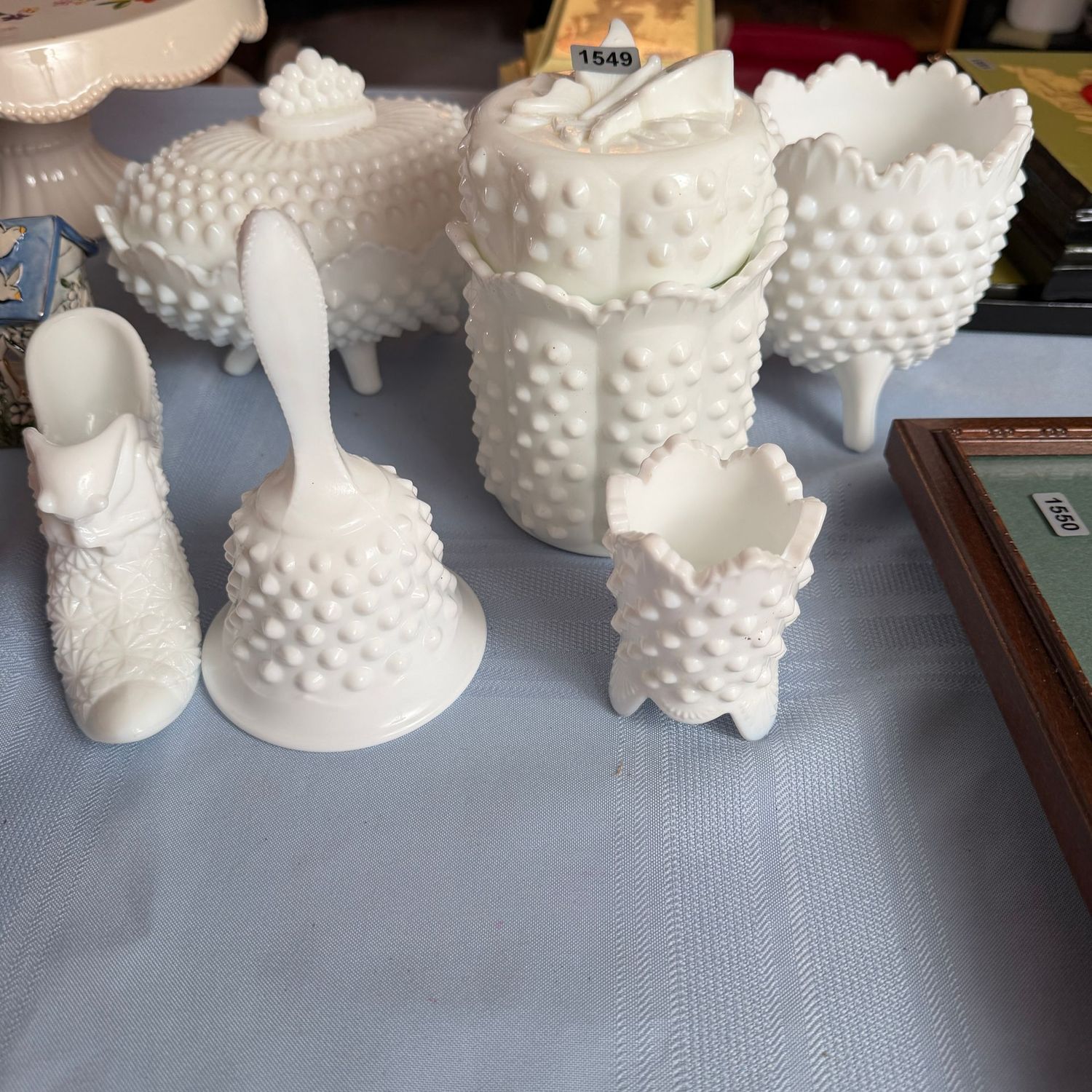 Decorative grouping of mostly hobnail bell, covered dish, daisy & button shoe, S1549 Decorative grouping of mostly hobnail bell, covered dish, daisy & button shoe, S1549