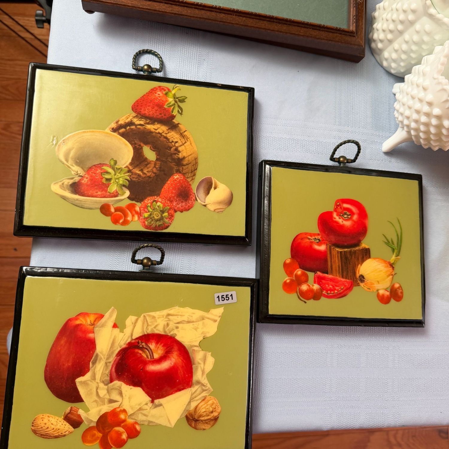 Trio of vintage fruit wall plaques on wood, 5x7, S1551 Trio of vintage fruit wall plaques on wood, 5x7, S1551
