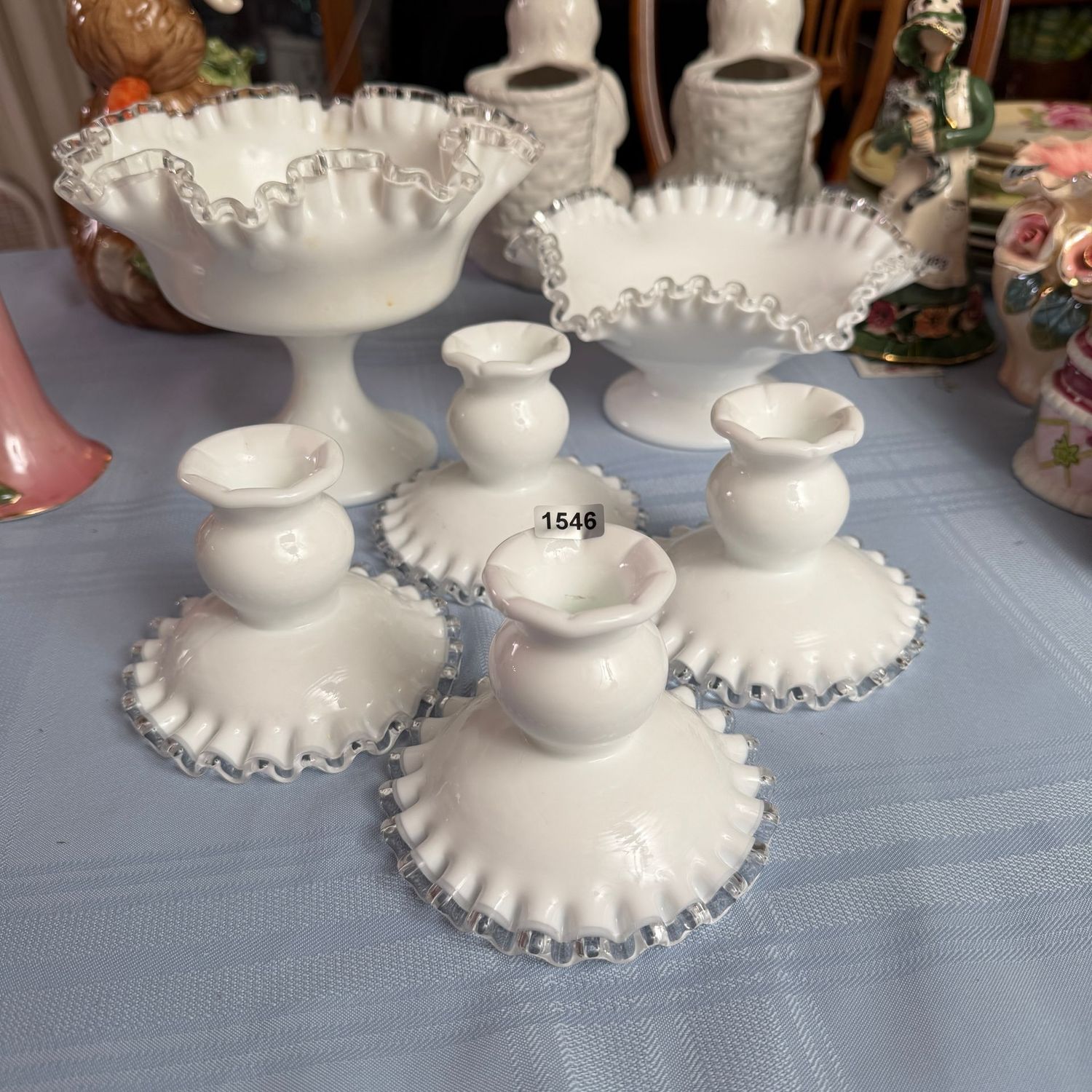 Set of Fenton Glass Silvercrest compotes, and two pairs of candlesticks, S1546 Set of Fenton Glass Silvercrest compotes, and two pairs of candlesticks, S1546