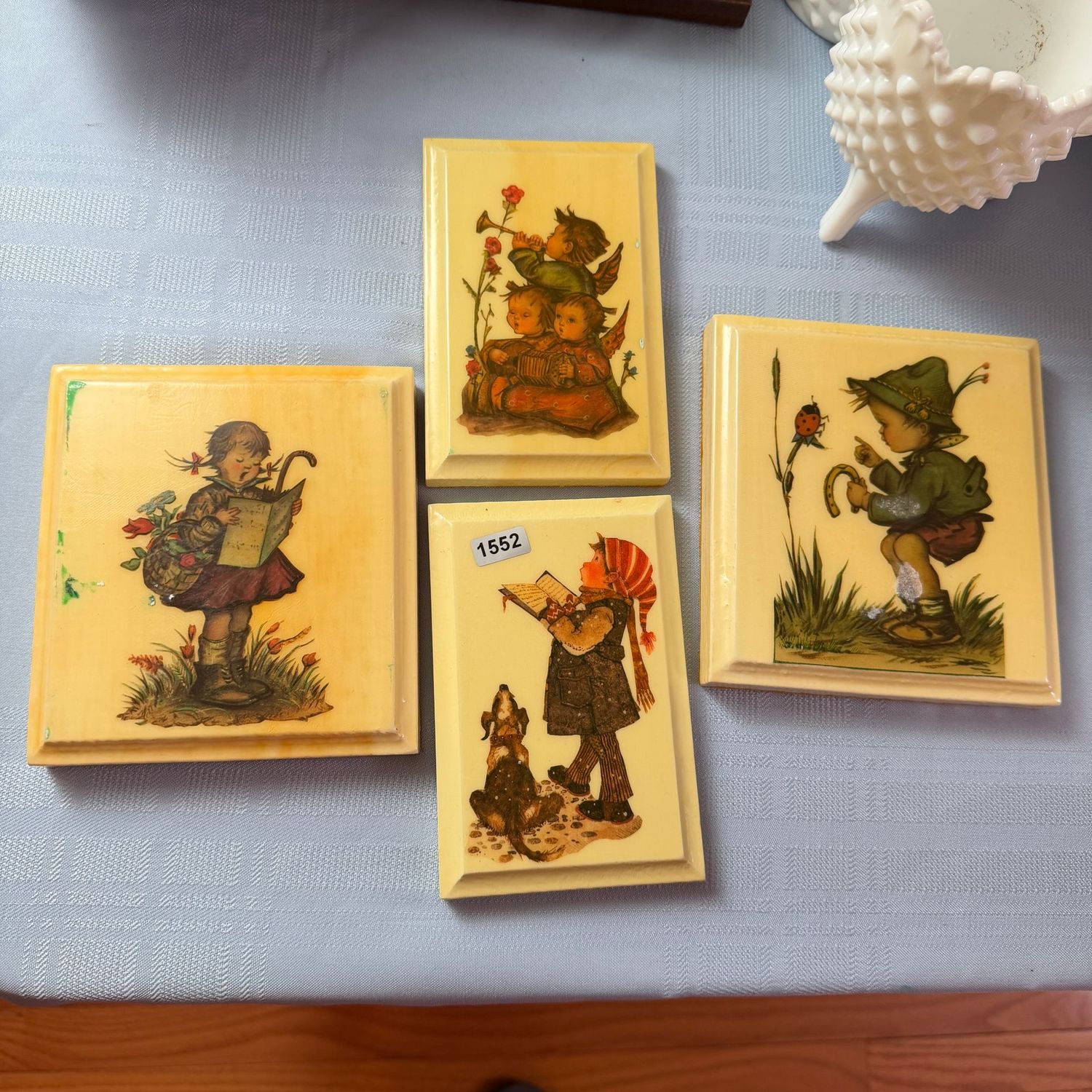 Group of 4 decopaged wood Hummel plaques, the largest is 5x6, S1552 Group of 4 decopaged wood Hummel plaques, the largest is 5x6, S1552