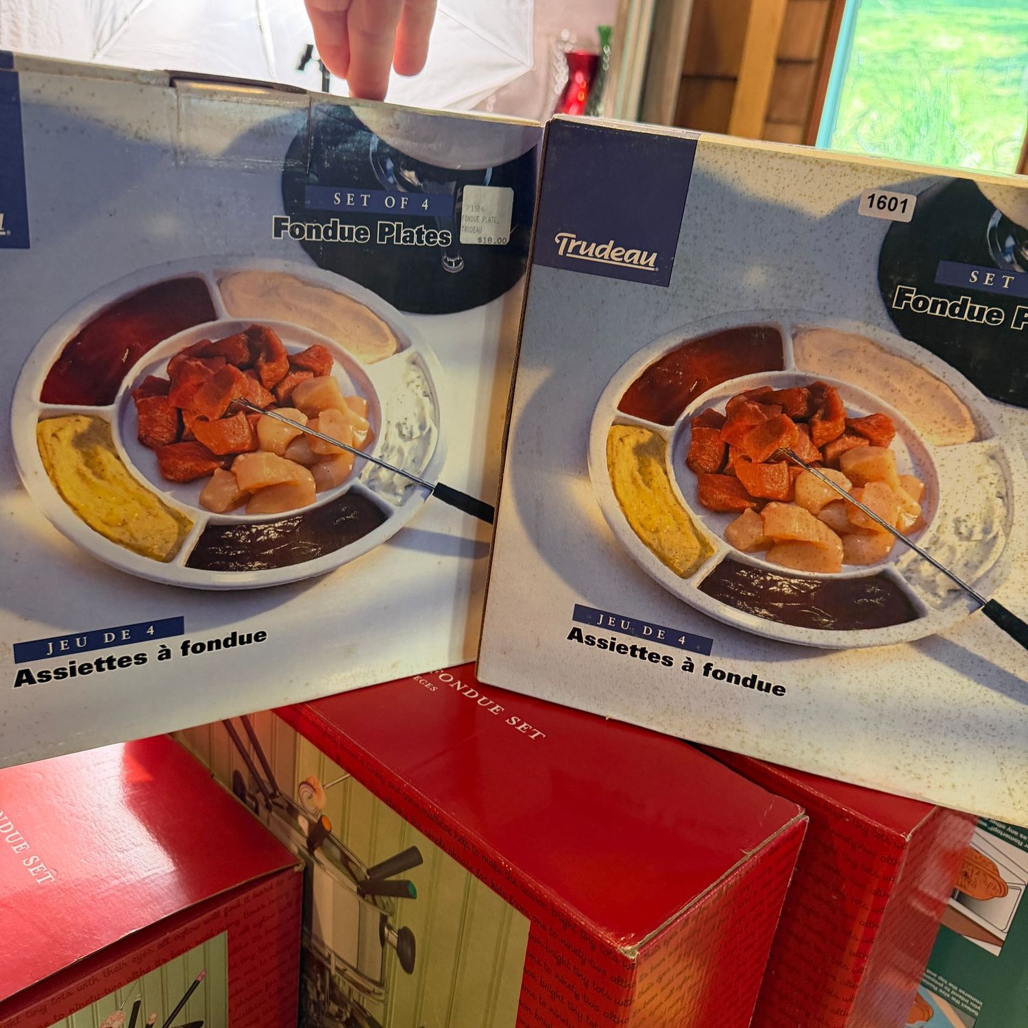 Stoneware Fondue Plates, dishwasher safe, 8 total, unused, boxes show some wear from storage, S1601 Stoneware Fondue Plates, dishwasher safe, 8 total, unused, boxes show some wear from storage, S1601