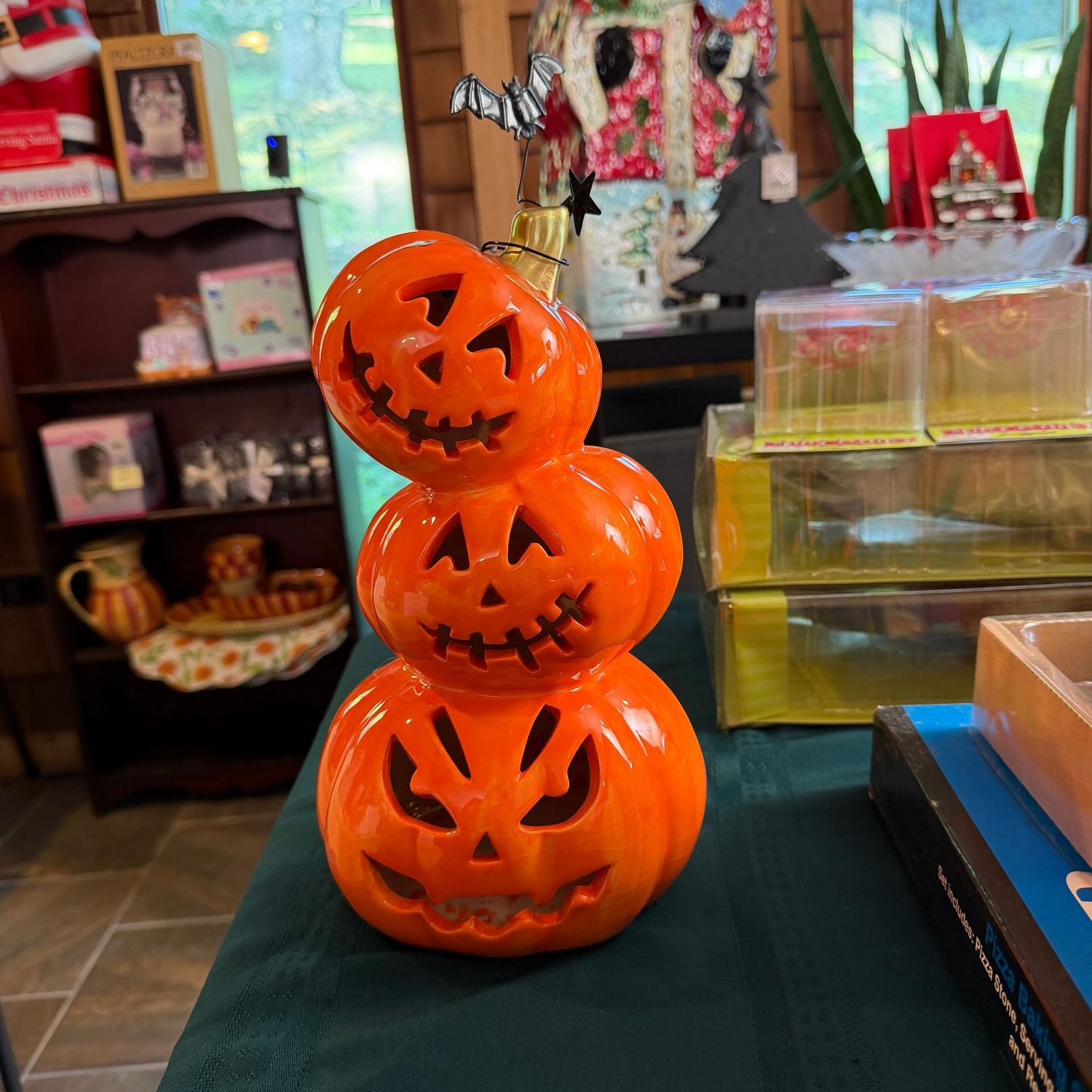 Stacked ceramic pumpkin luminary, battery-operated, 11 Stacked ceramic pumpkin luminary, battery-operated, 11"H, S1622