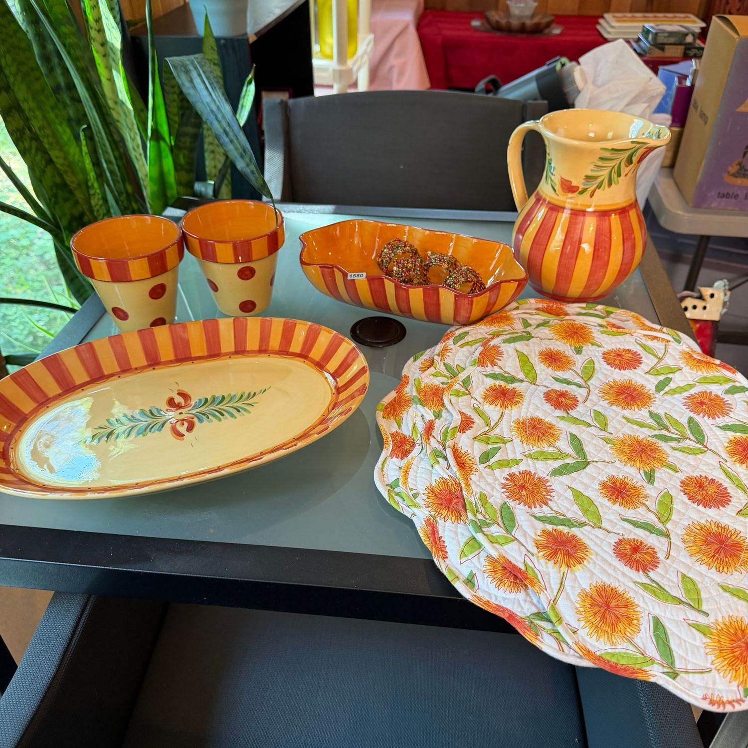 Group of late-summer/fall Gail Pittman ceramic oval tray, planters, scalloped dish, and pitcher, with coordinating beaded napkin rings and placemats, S1580 Group of late-summer/fall Gail Pittman ceramic oval tray, planters, scalloped dish, and pitcher, with coordinating beaded napkin rings and placemats, S1580