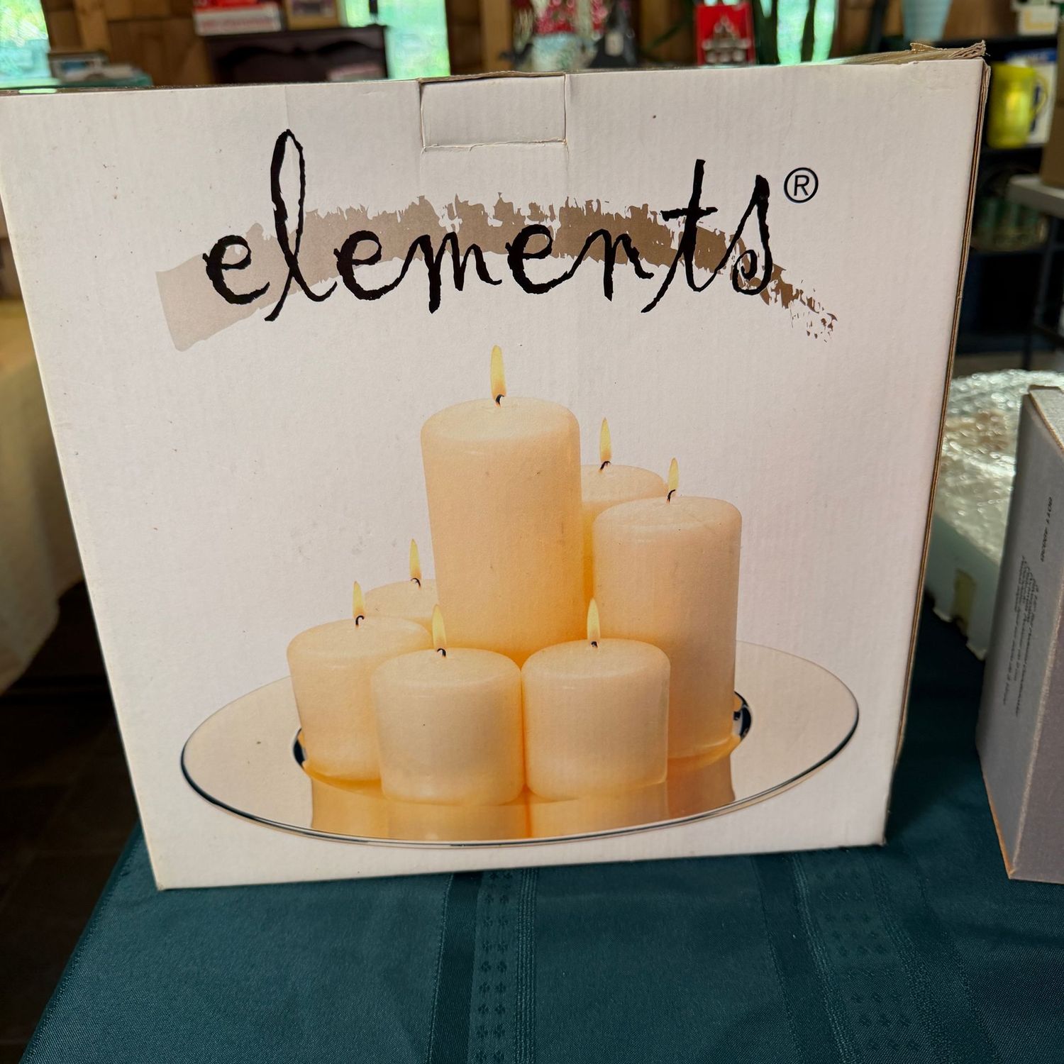 Elements 12" diameter brass-plated tray, and pillar candles, S1616