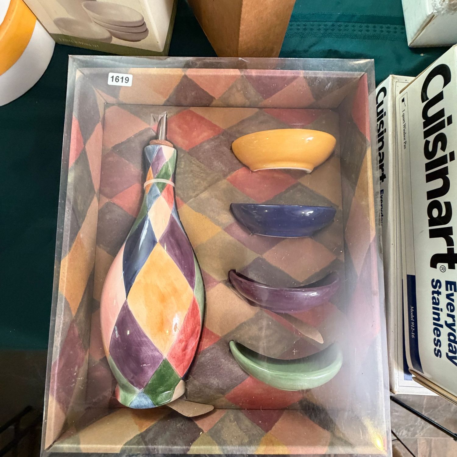 Multi-color ceramic oil bottle and dipping bowls, S1619 Multi-color ceramic oil bottle and dipping bowls, S1619