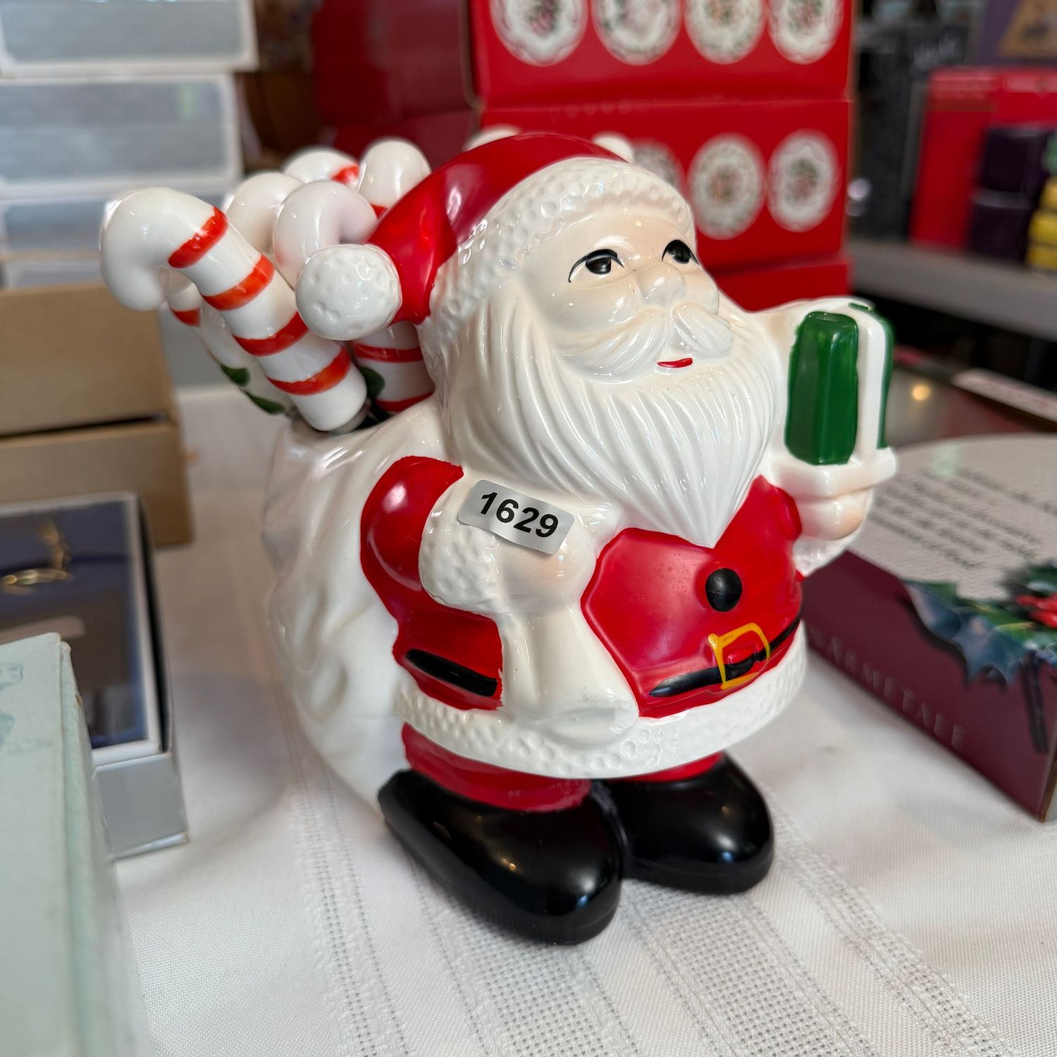 Ceramic Relpo Santa planter, and candy cane cocktail hour spread knives, S1629