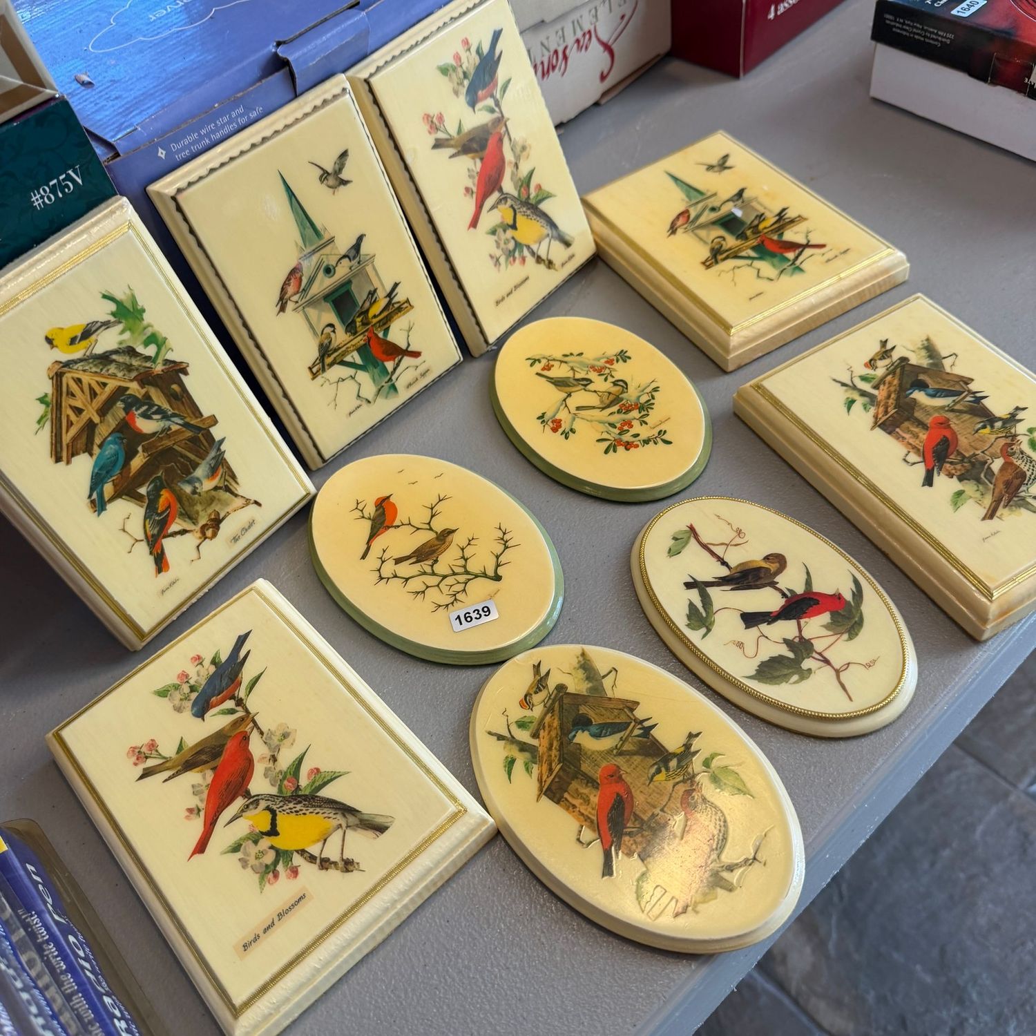 Set of vintage decoupaged wood plaques, birds and birdhouses, the largest is 4x6, S1639 Set of vintage decoupaged wood plaques, birds and birdhouses, the largest is 4x6, S1639