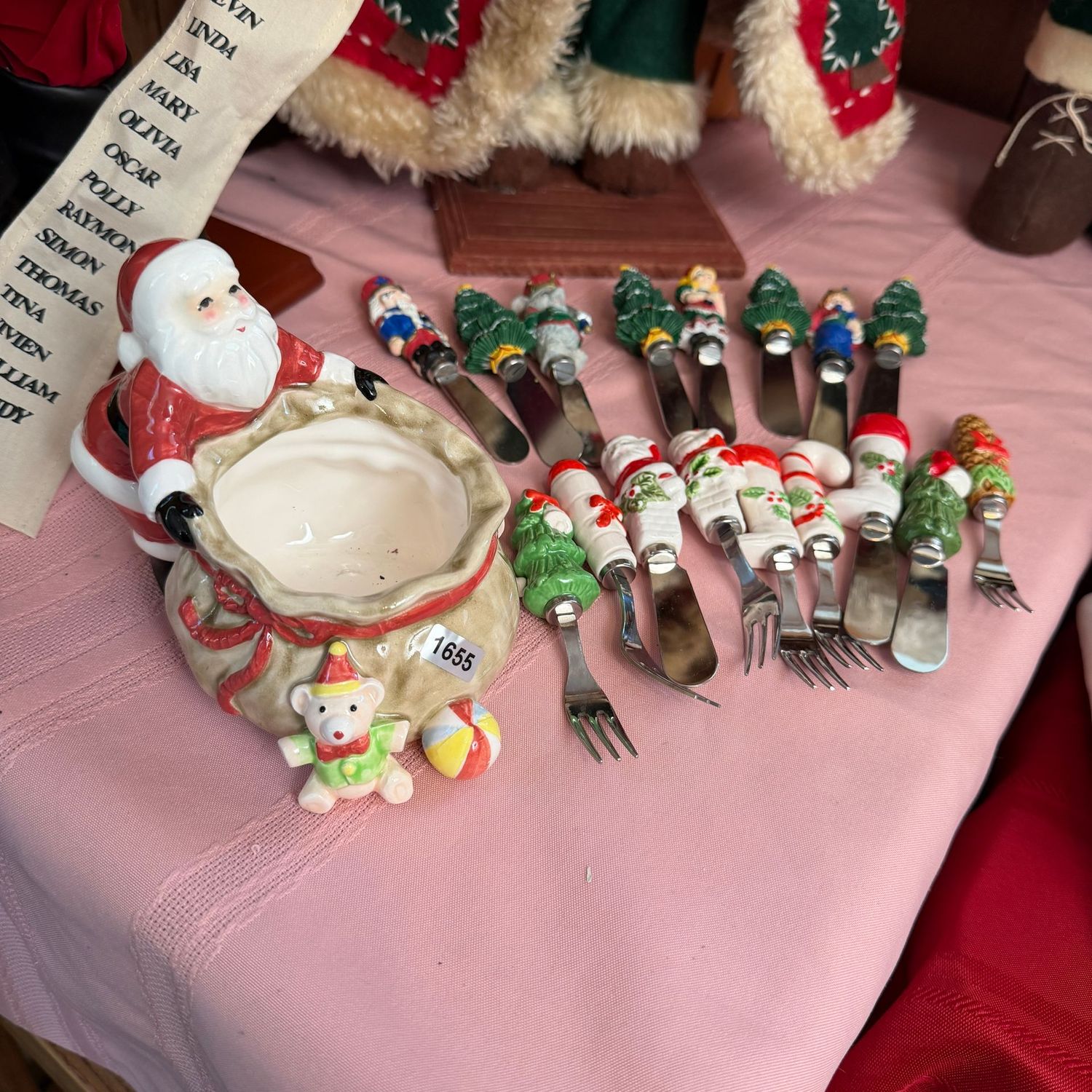 Fitz and Floyd Santa's bag dish filled with party appetizer knives and forks, S1655 Fitz and Floyd Santa's bag dish filled with party appetizer knives and forks, S1655