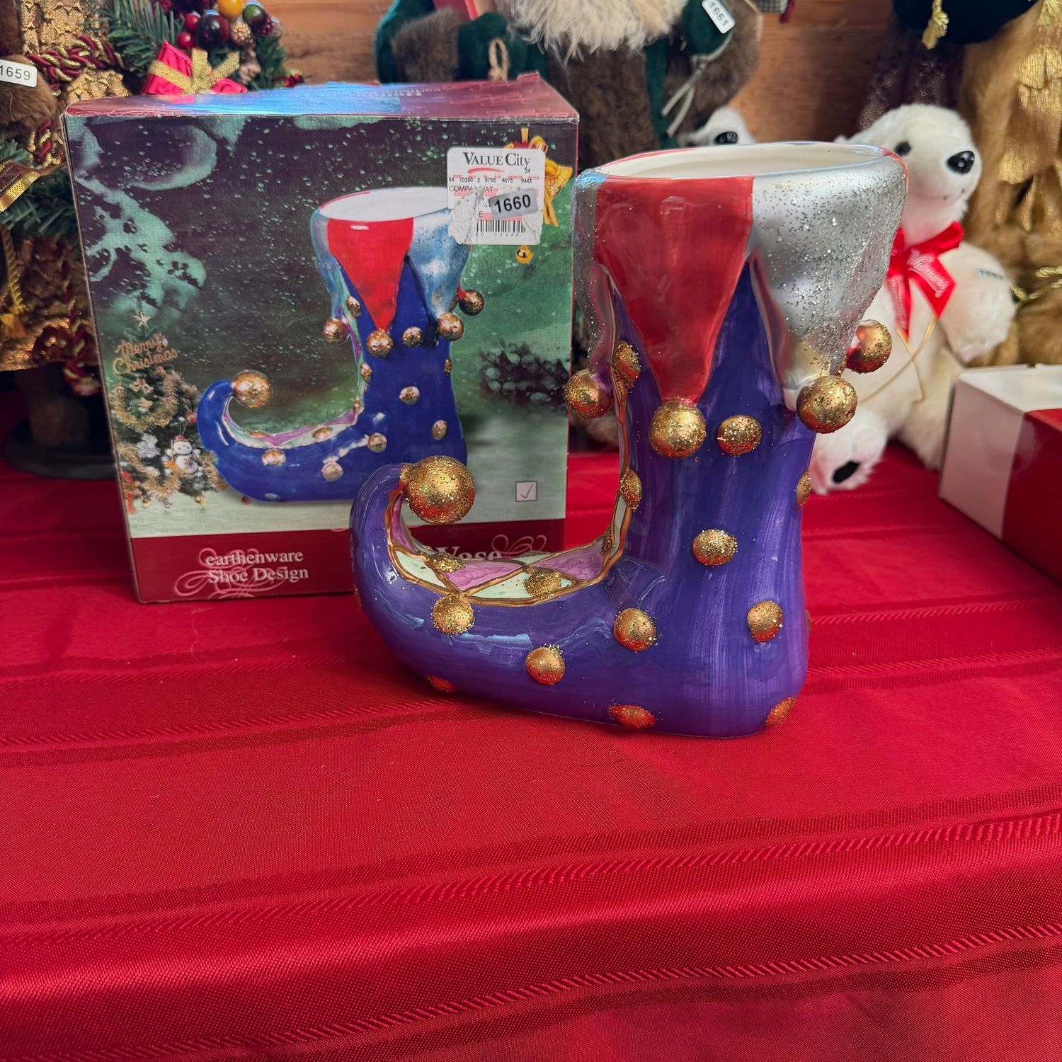 Glittered ceramic elf shoe vase, 8"H, S1660