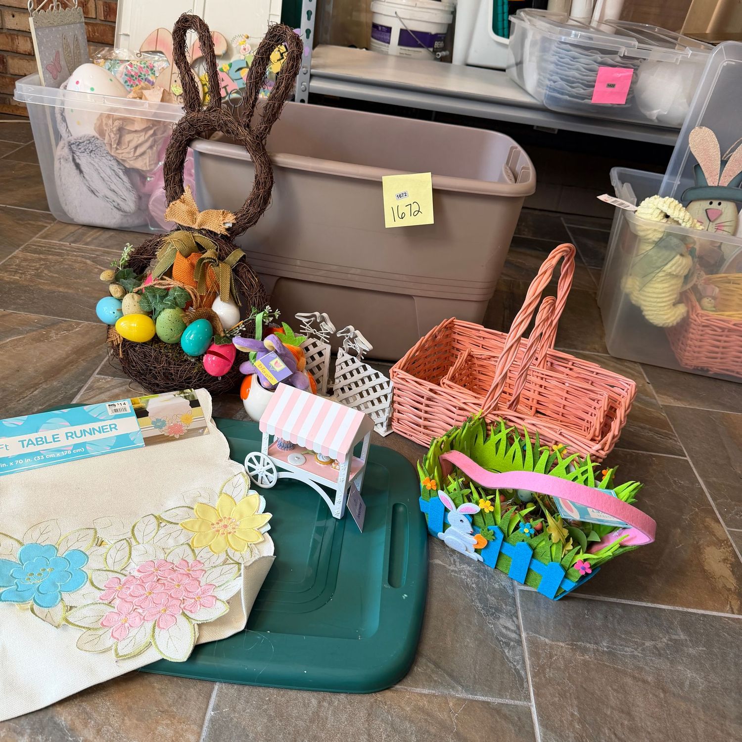 Tan & green bin filled with Easter decor, large rabbit wreath, pink baskets, votive candle holders, table runner & more, S1672 Tan & green bin filled with Easter decor, large rabbit wreath, pink baskets, votive candle holders, table runner & more, S1672